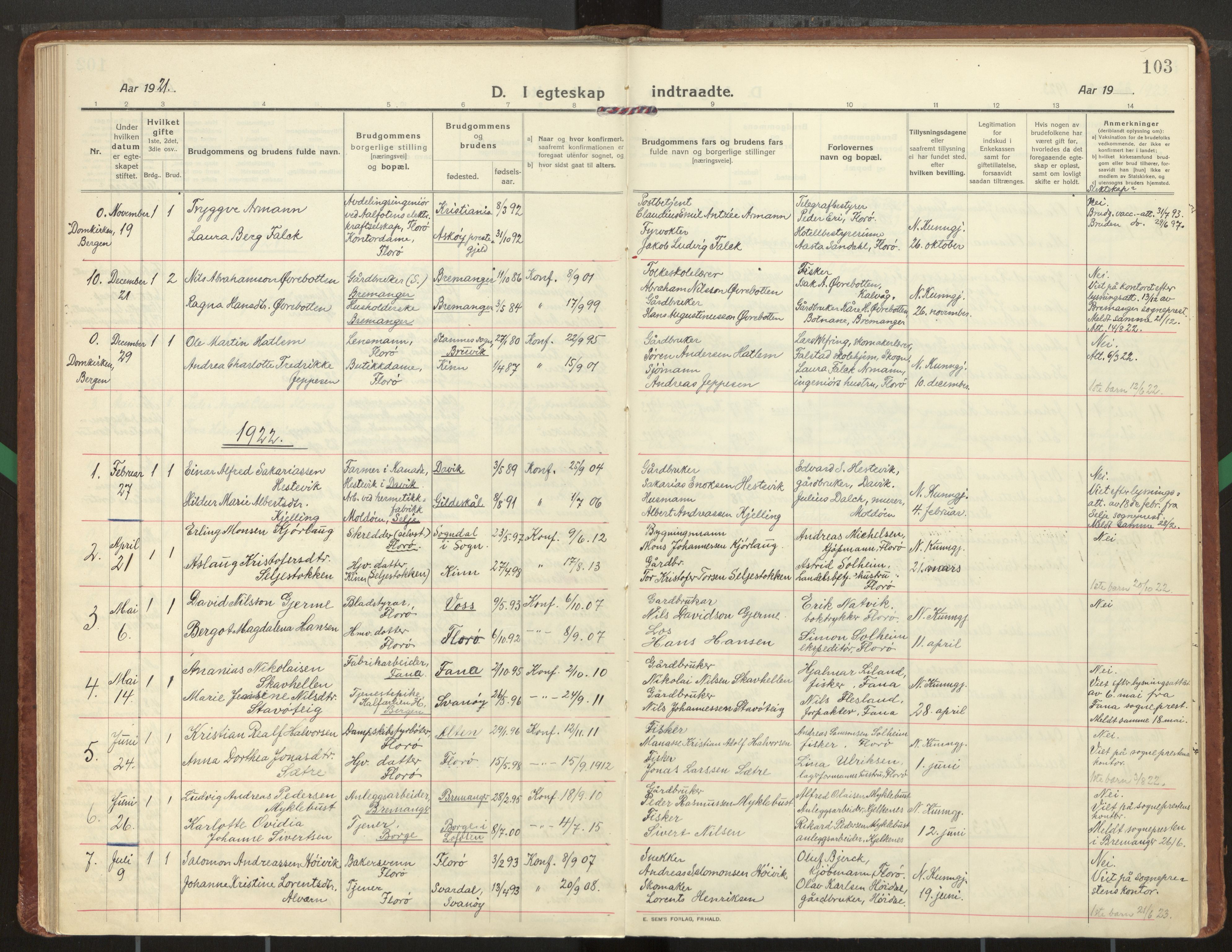 Kinn sokneprestembete, AV/SAB-A-80801/H/Haa/Haac/L0003: Parish register (official) no. C 3, 1917-1934, p. 103