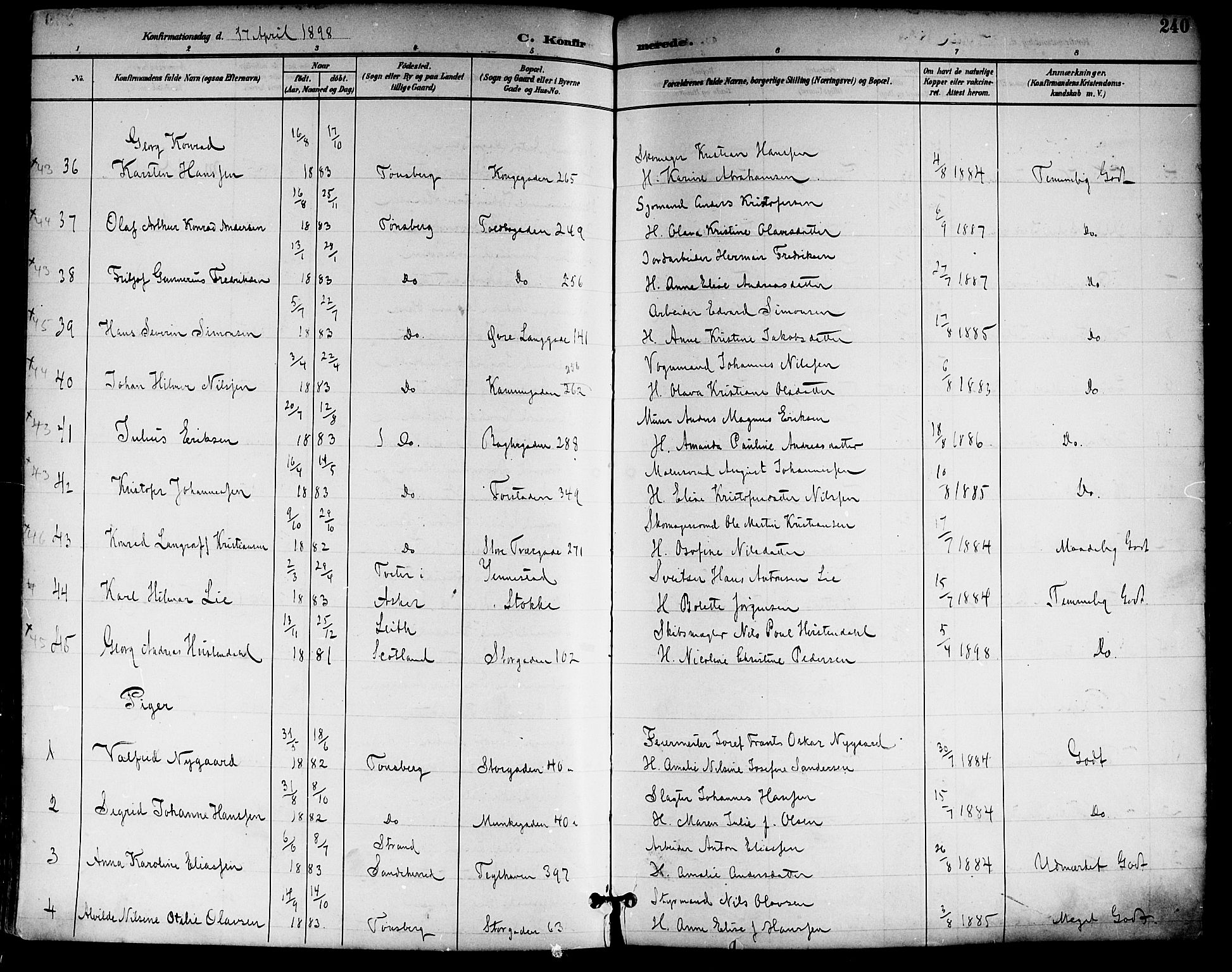 Tønsberg kirkebøker, AV/SAKO-A-330/F/Fa/L0012: Parish register (official) no. I 12, 1891-1899, p. 240