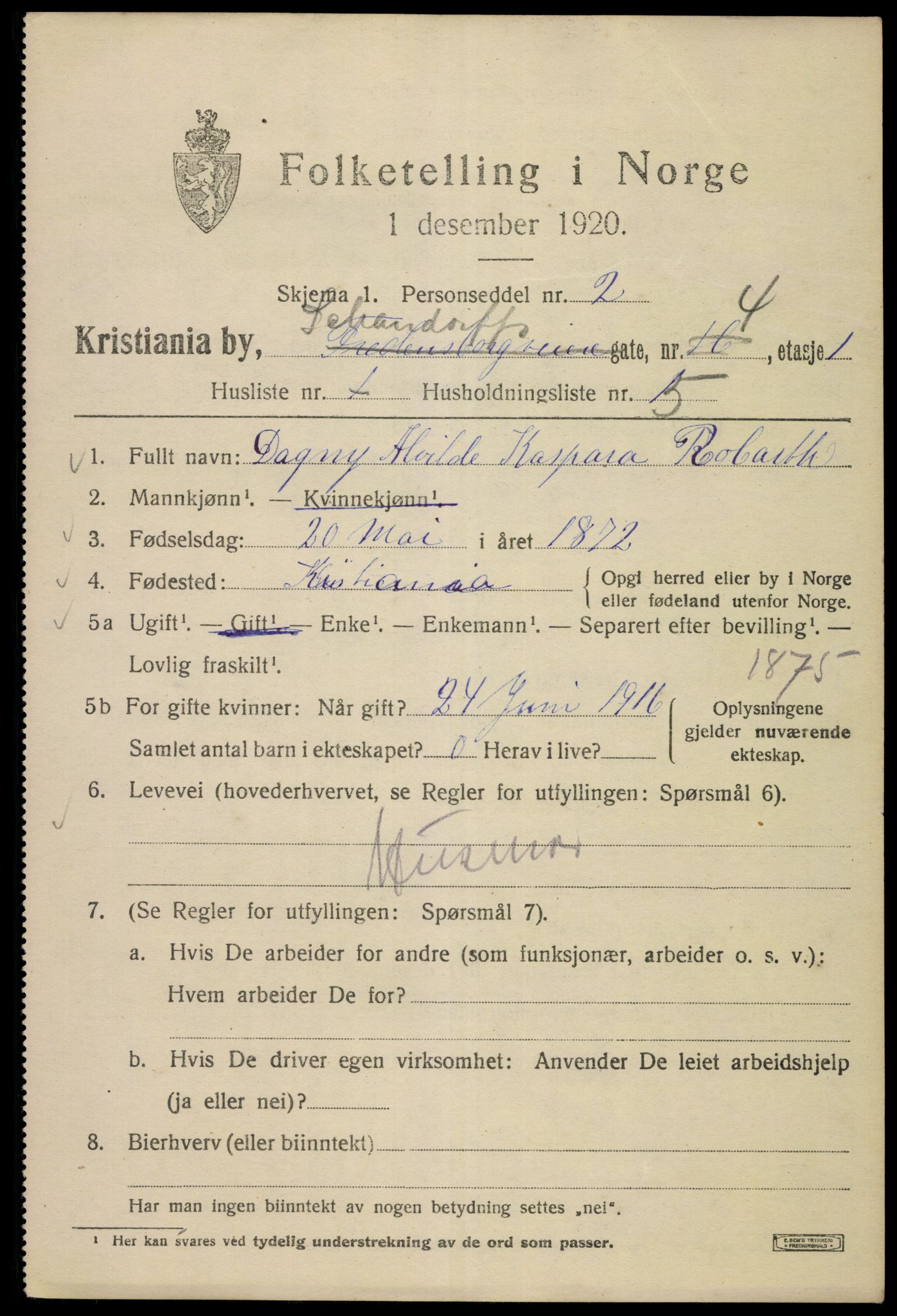 SAO, 1920 census for Kristiania, 1920, p. 487199