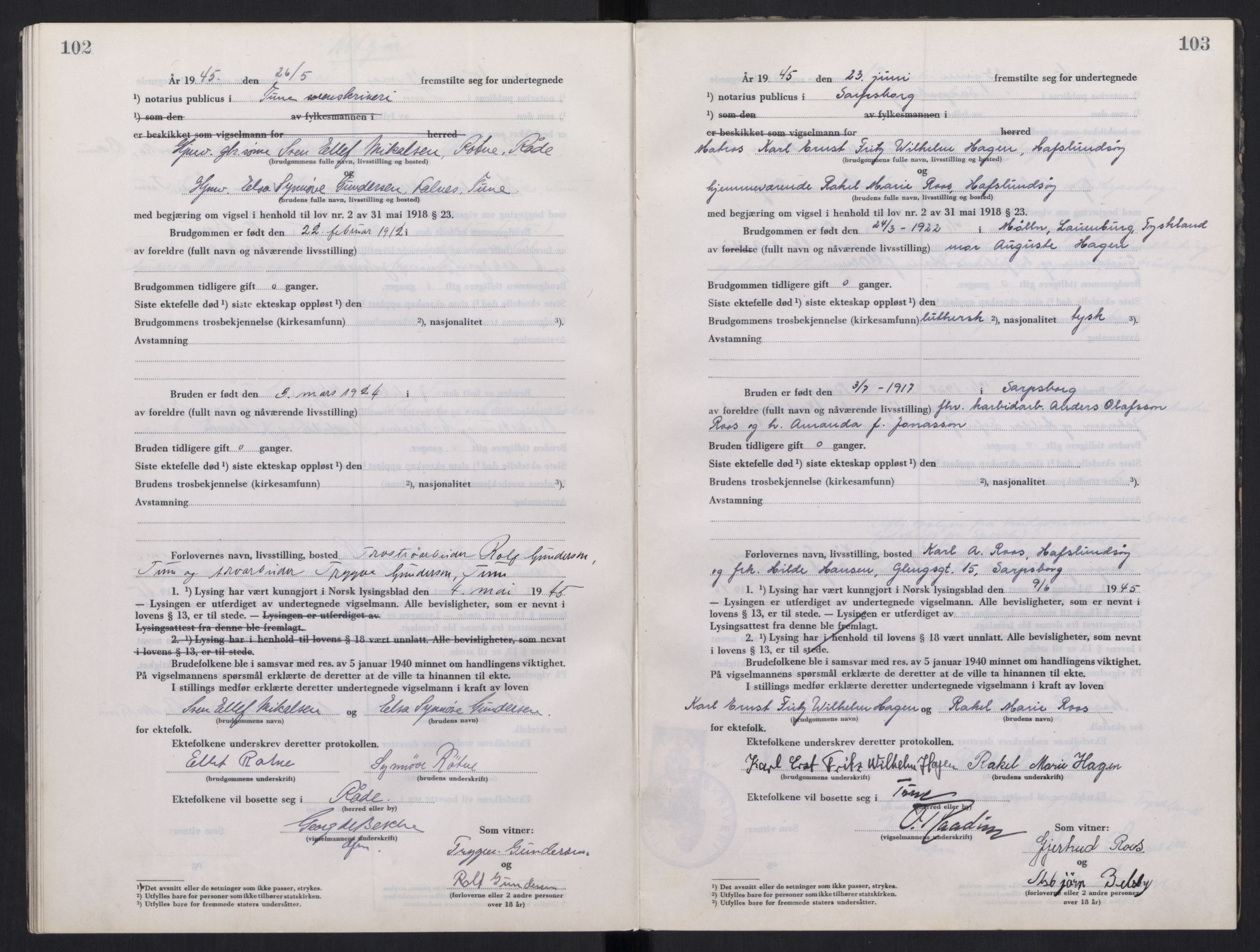 Tune sorenskriveri, AV/SAO-A-10470/L/Lb/L0003: Vigselprotokoll, 1944-1951, p. 102-103