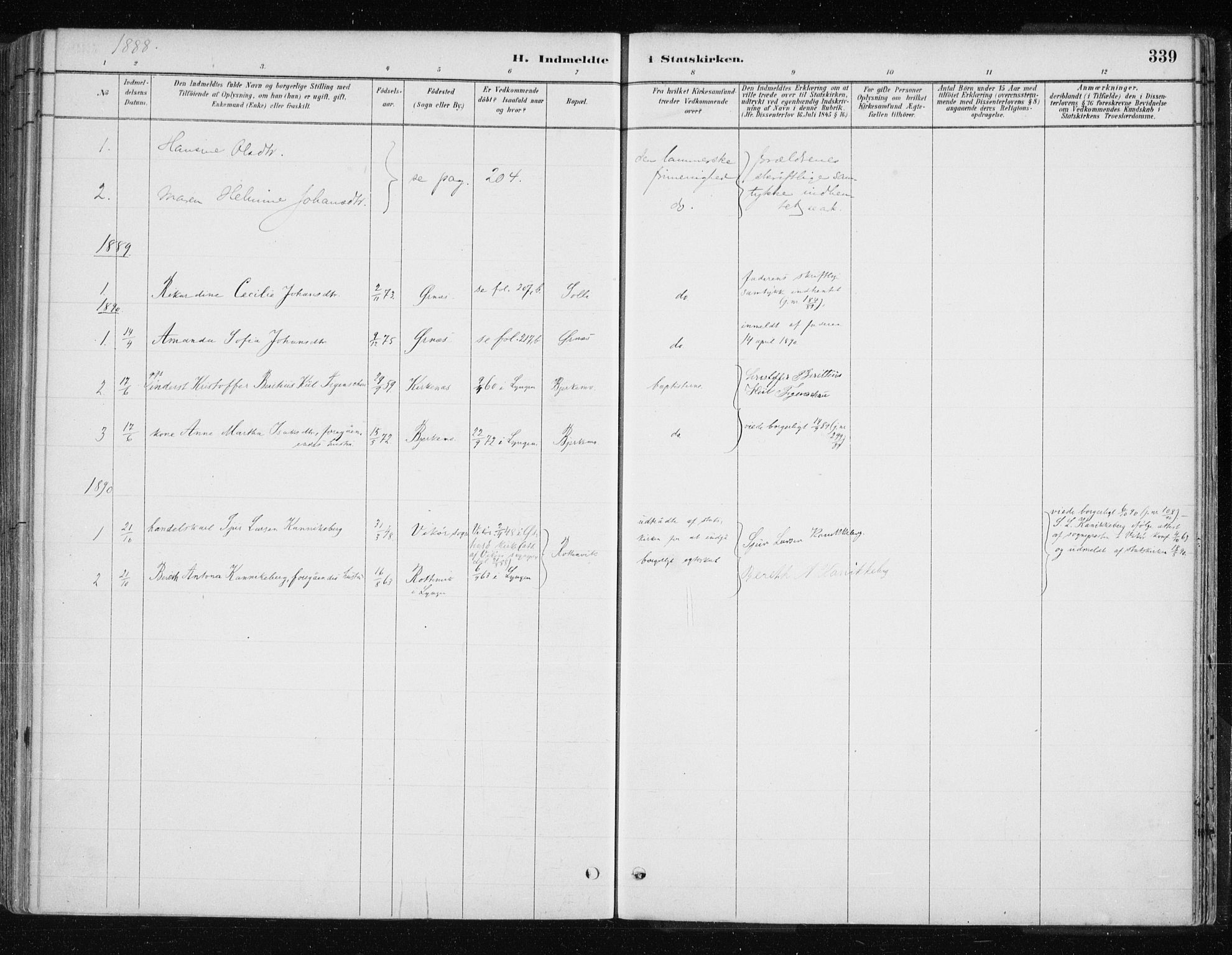 Lyngen sokneprestembete, SATØ/S-1289/H/He/Hea/L0007kirke: Parish register (official) no. 7, 1879-1890, p. 339