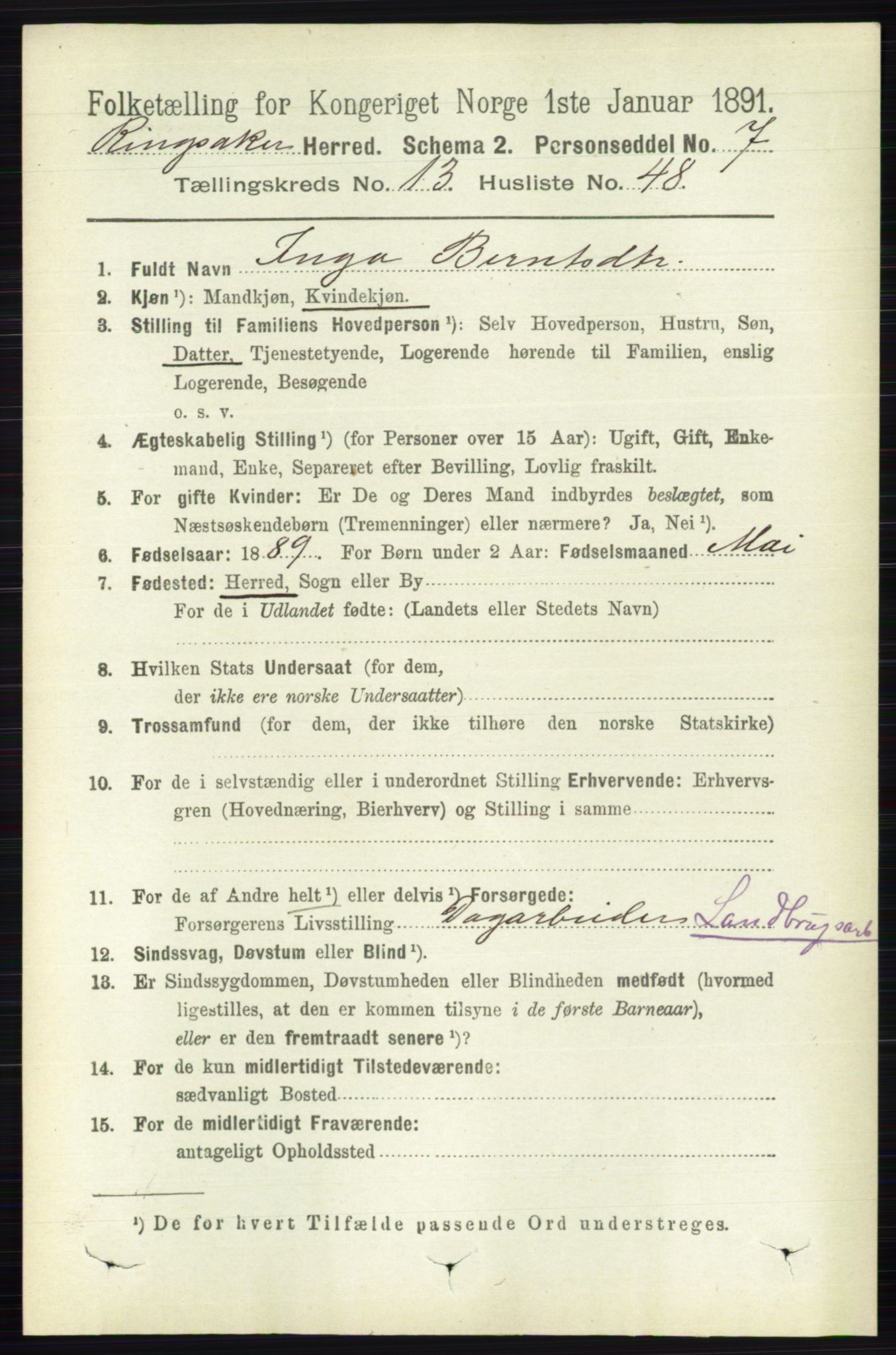 RA, 1891 census for 0412 Ringsaker, 1891, p. 7473