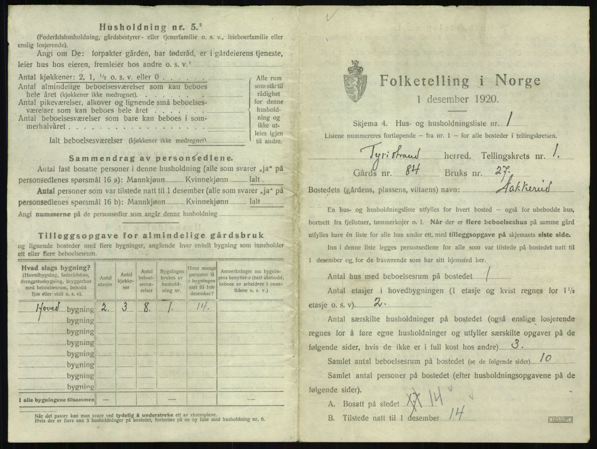 SAKO, 1920 census for Tyristrand, 1920, p. 23