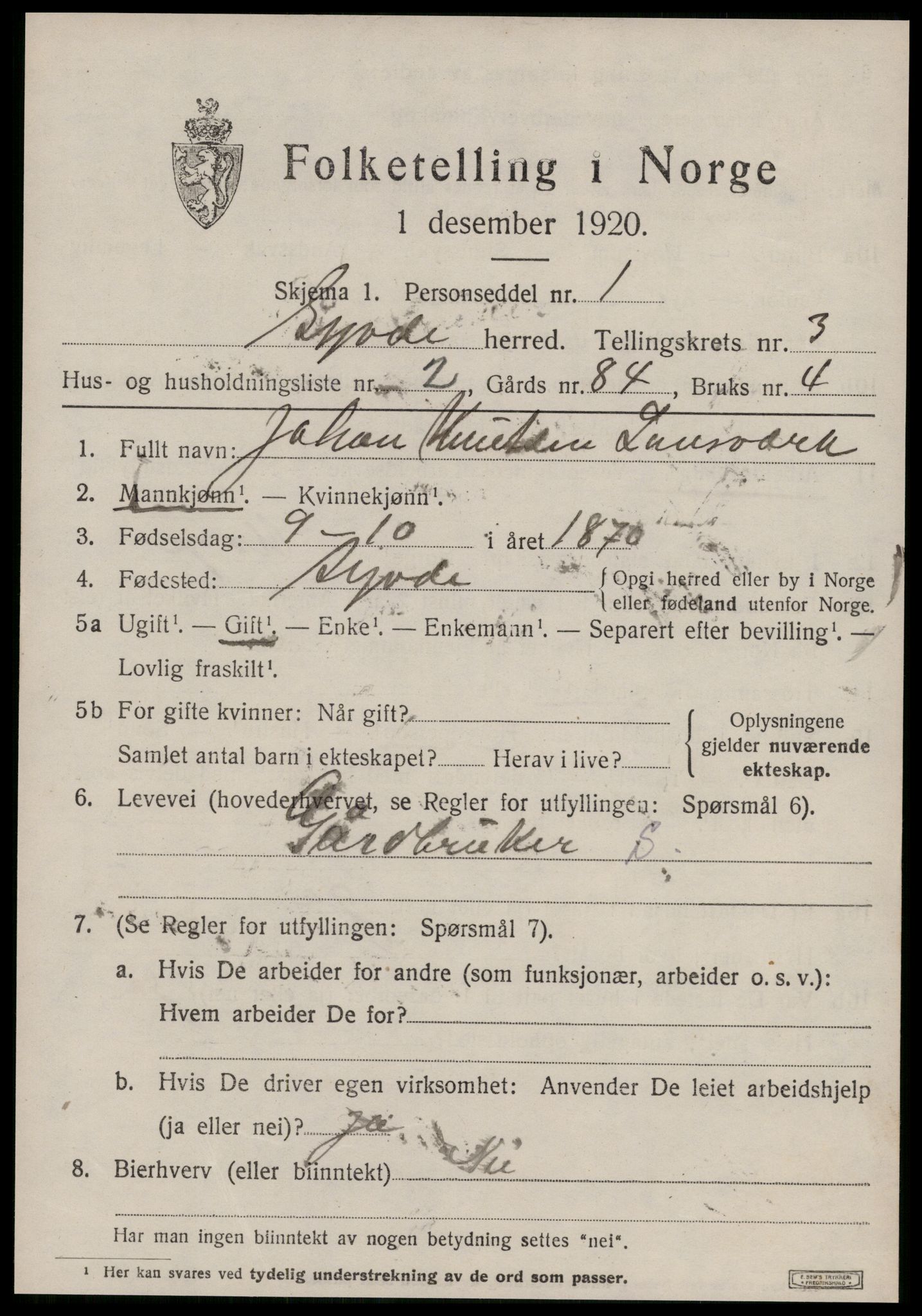 SAT, 1920 census for Syvde, 1920, p. 1020