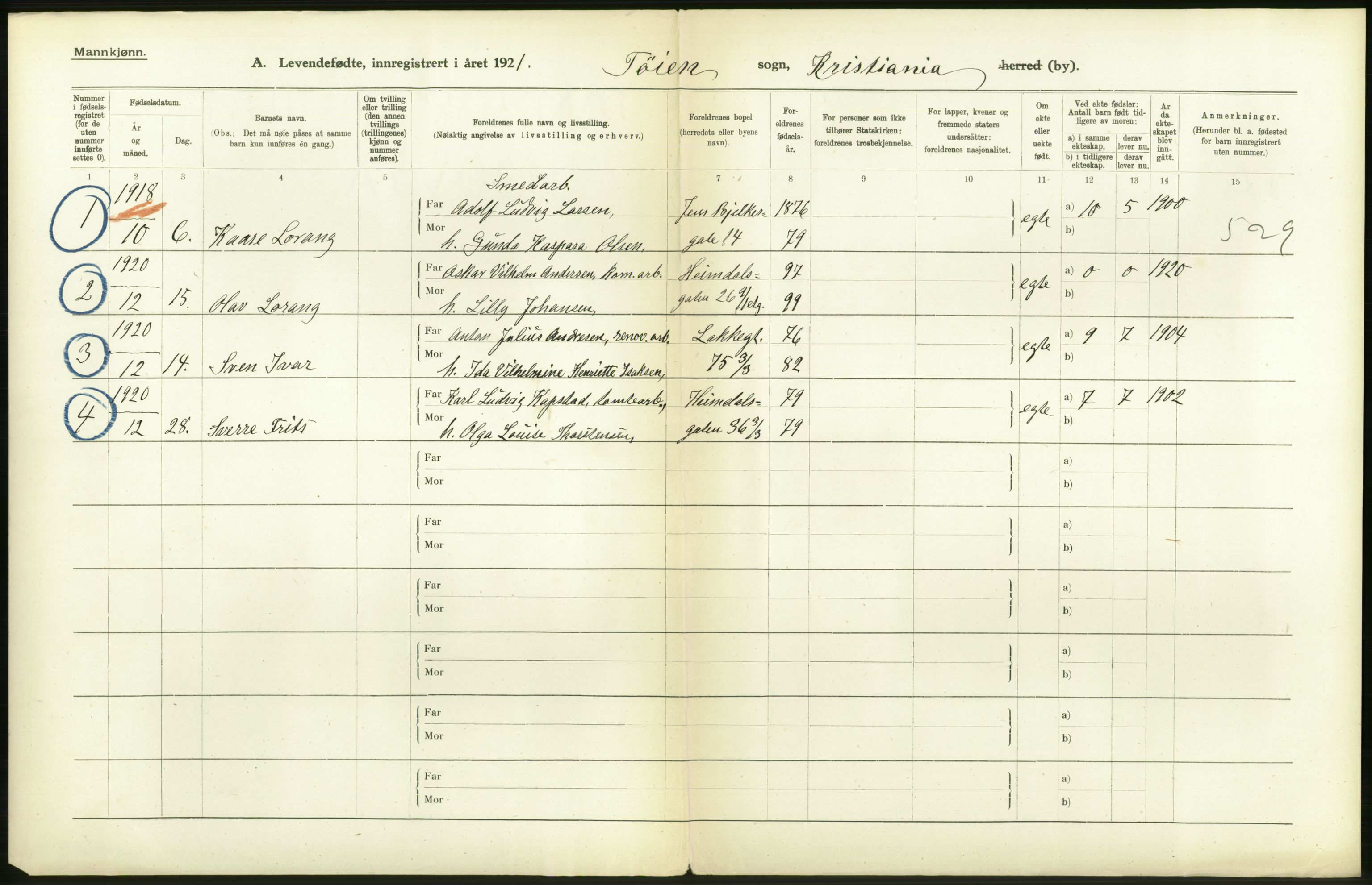 Statistisk sentralbyrå, Sosiodemografiske emner, Befolkning, AV/RA-S-2228/D/Df/Dfc/Dfca/L0009: Kristiania: Levendefødte menn og kvinner., 1921, p. 272