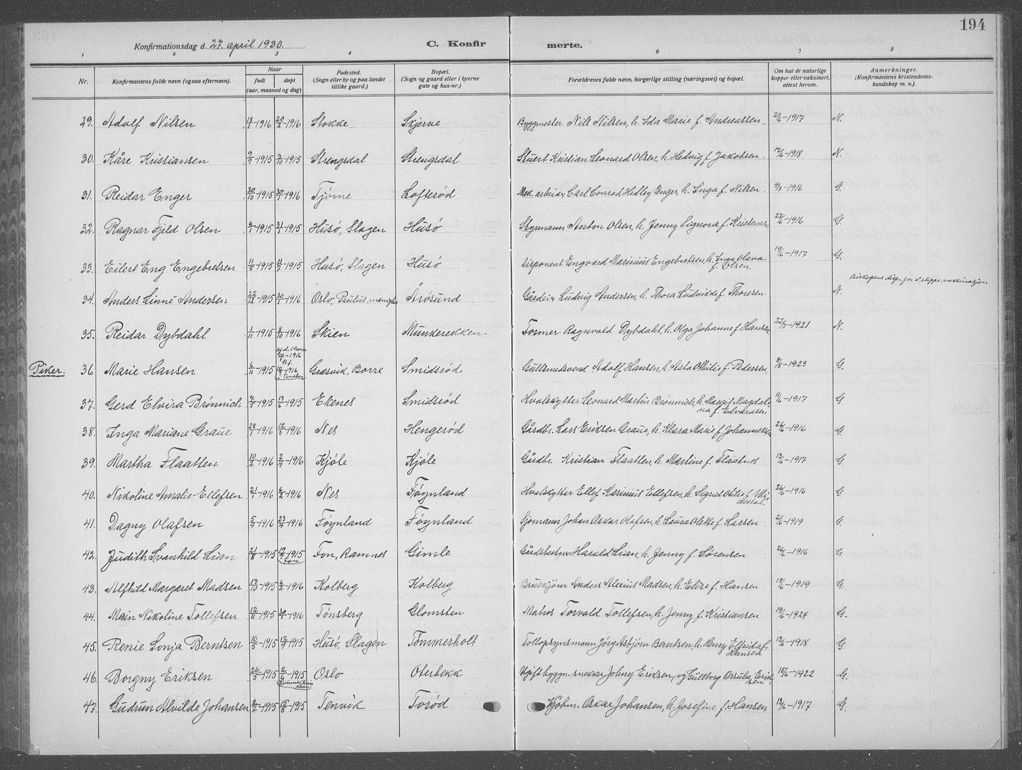 Nøtterøy kirkebøker, AV/SAKO-A-354/G/Ga/L0006: Parish register (copy) no. I 6, 1925-1939, p. 194