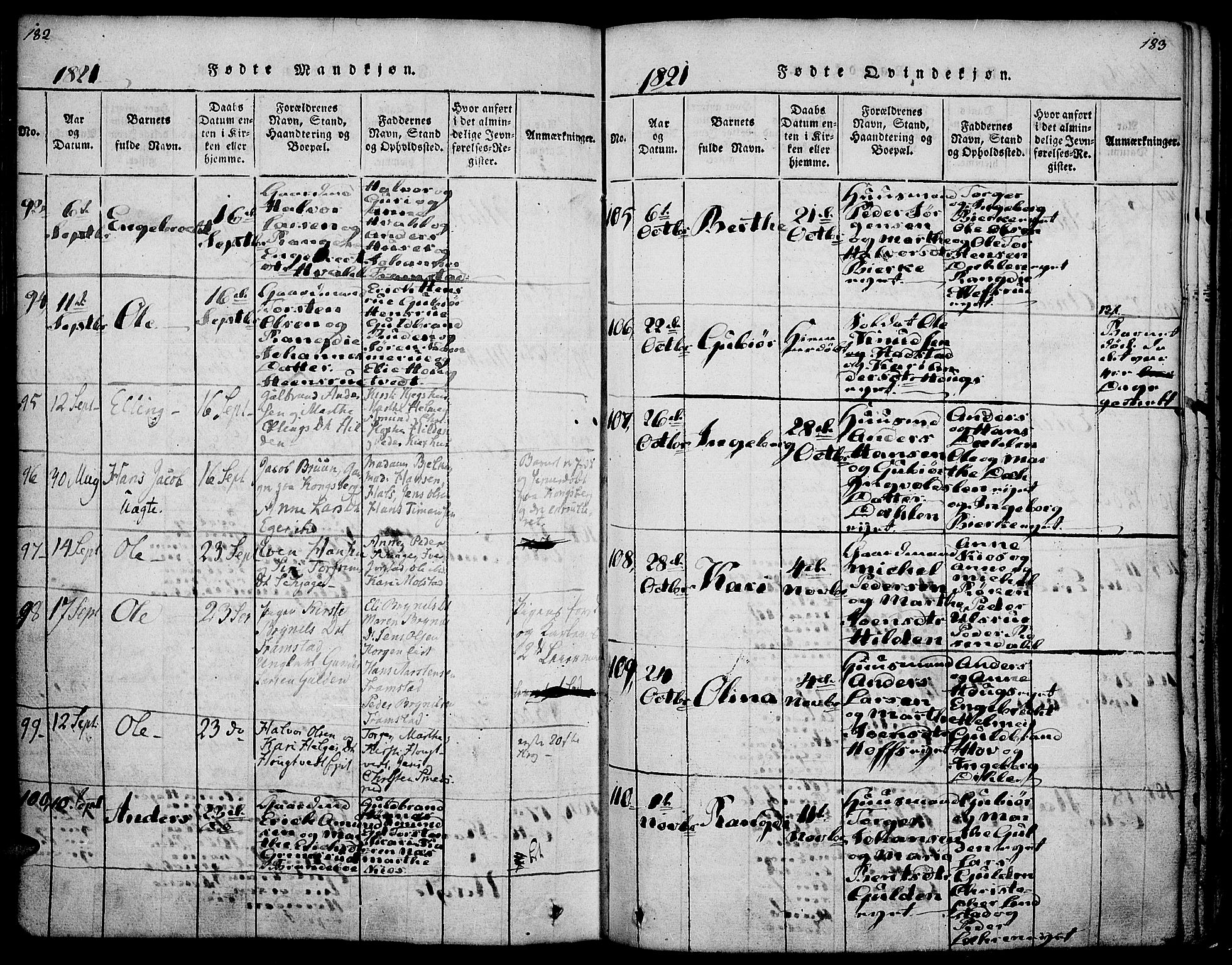 Gran prestekontor, AV/SAH-PREST-112/H/Ha/Haa/L0009: Parish register (official) no. 9, 1815-1824, p. 182-183