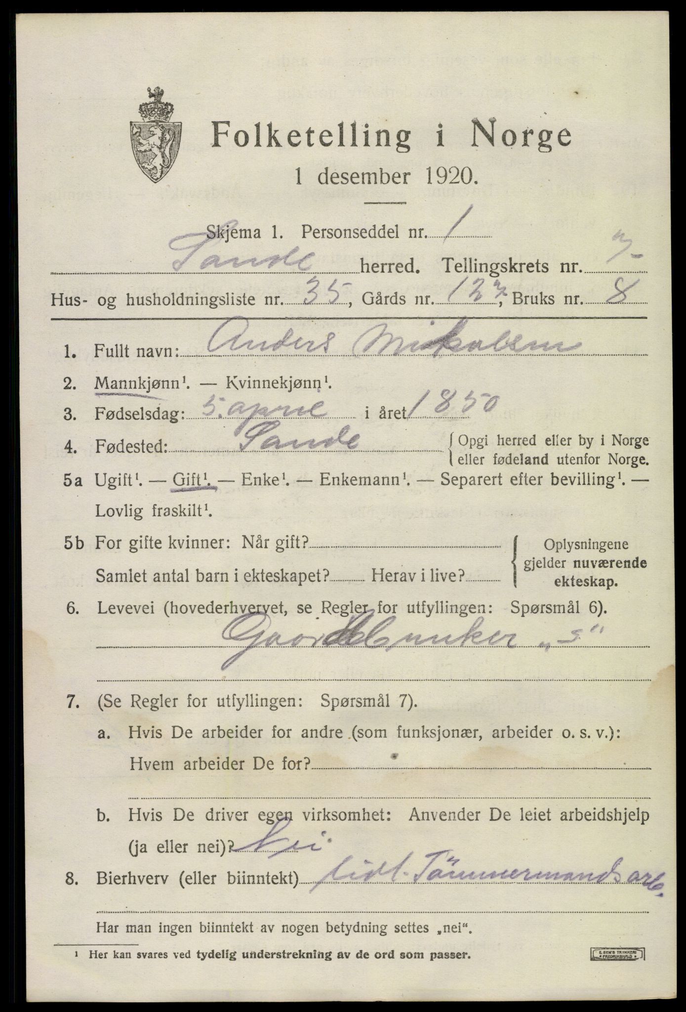 SAKO, 1920 census for Sande, 1920, p. 8398