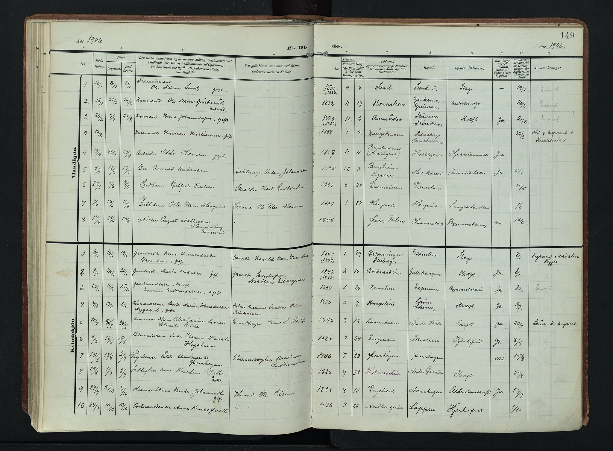 Søndre Land prestekontor, AV/SAH-PREST-122/K/L0007: Parish register (official) no. 7, 1905-1914, p. 149
