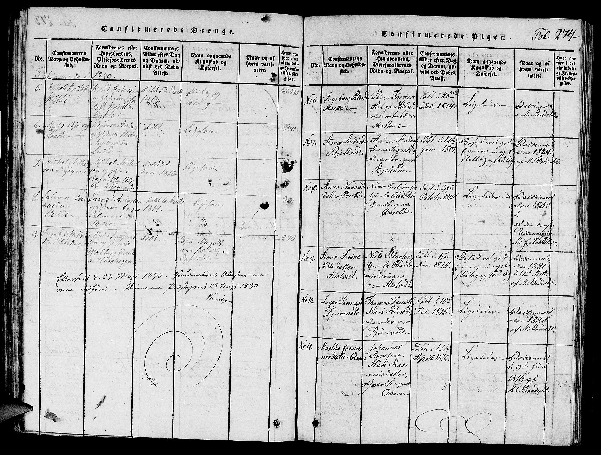 Nedstrand sokneprestkontor, AV/SAST-A-101841/01/V: Parish register (copy) no. B 1 /2, 1816-1847, p. 274