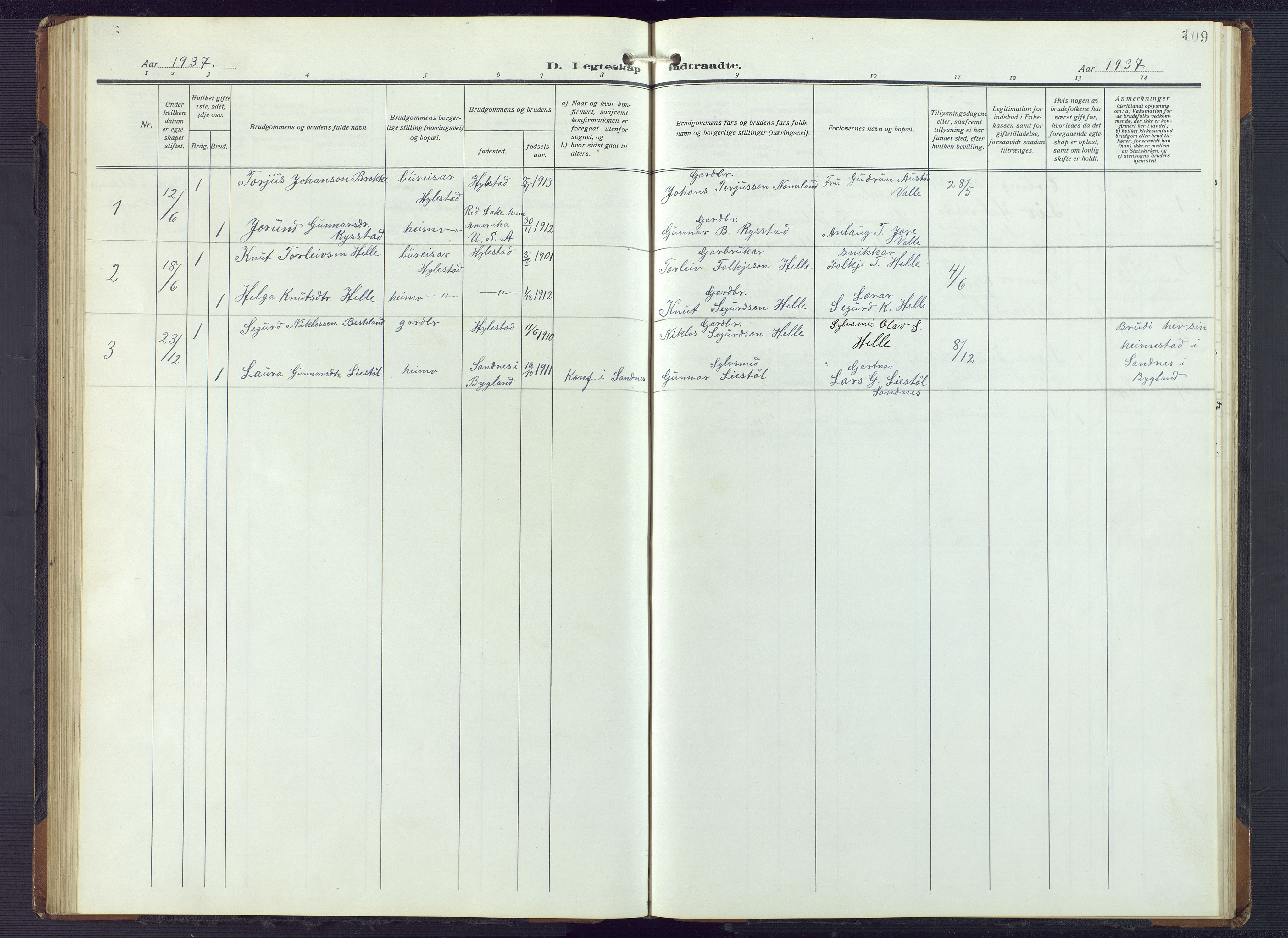 Valle sokneprestkontor, SAK/1111-0044/F/Fb/Fbb/L0003: Parish register (copy) no. B 3, 1921-1948, p. 109
