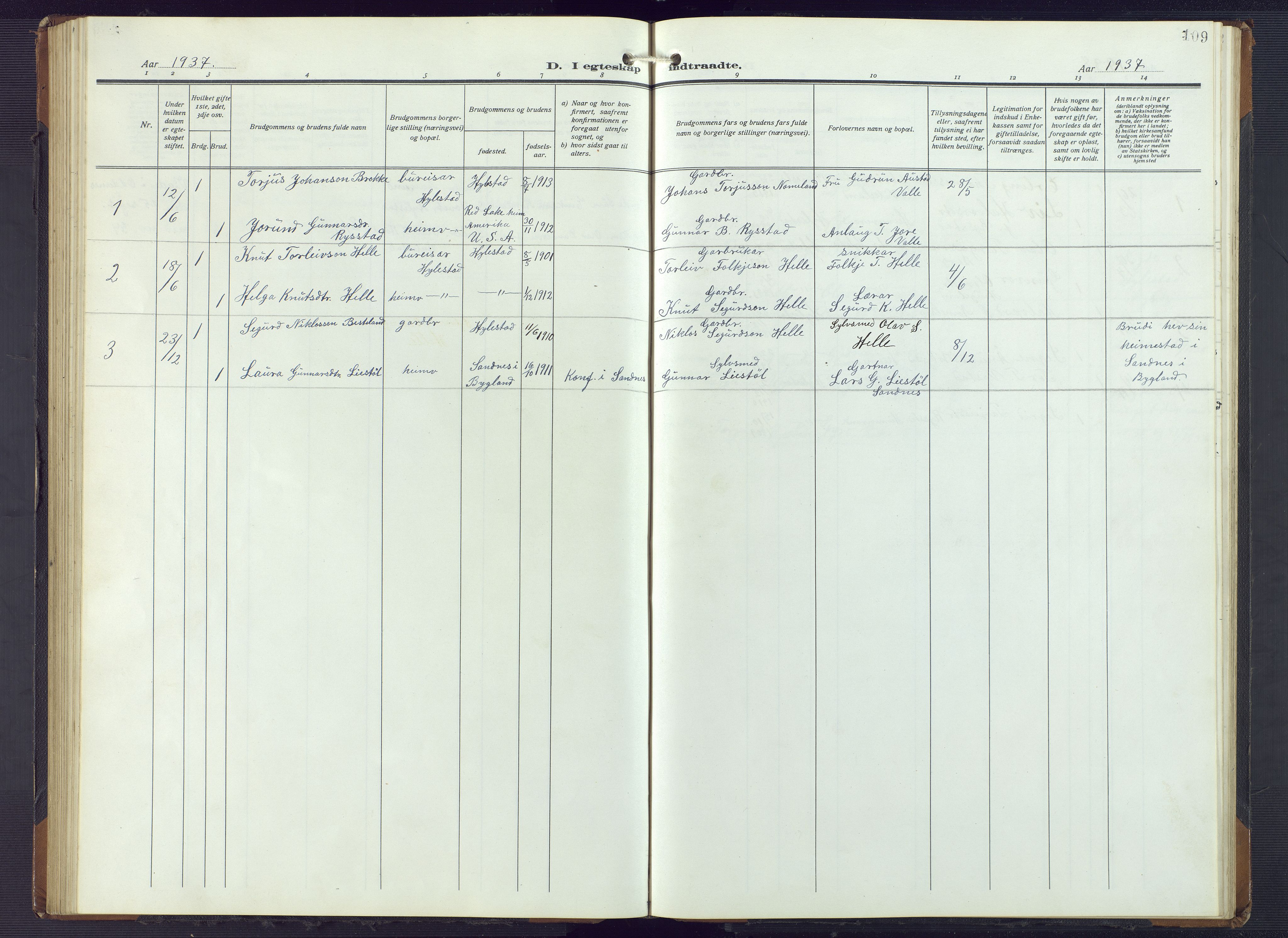 Valle sokneprestkontor, AV/SAK-1111-0044/F/Fb/Fbb/L0003: Parish register (copy) no. B 3, 1921-1948, p. 109