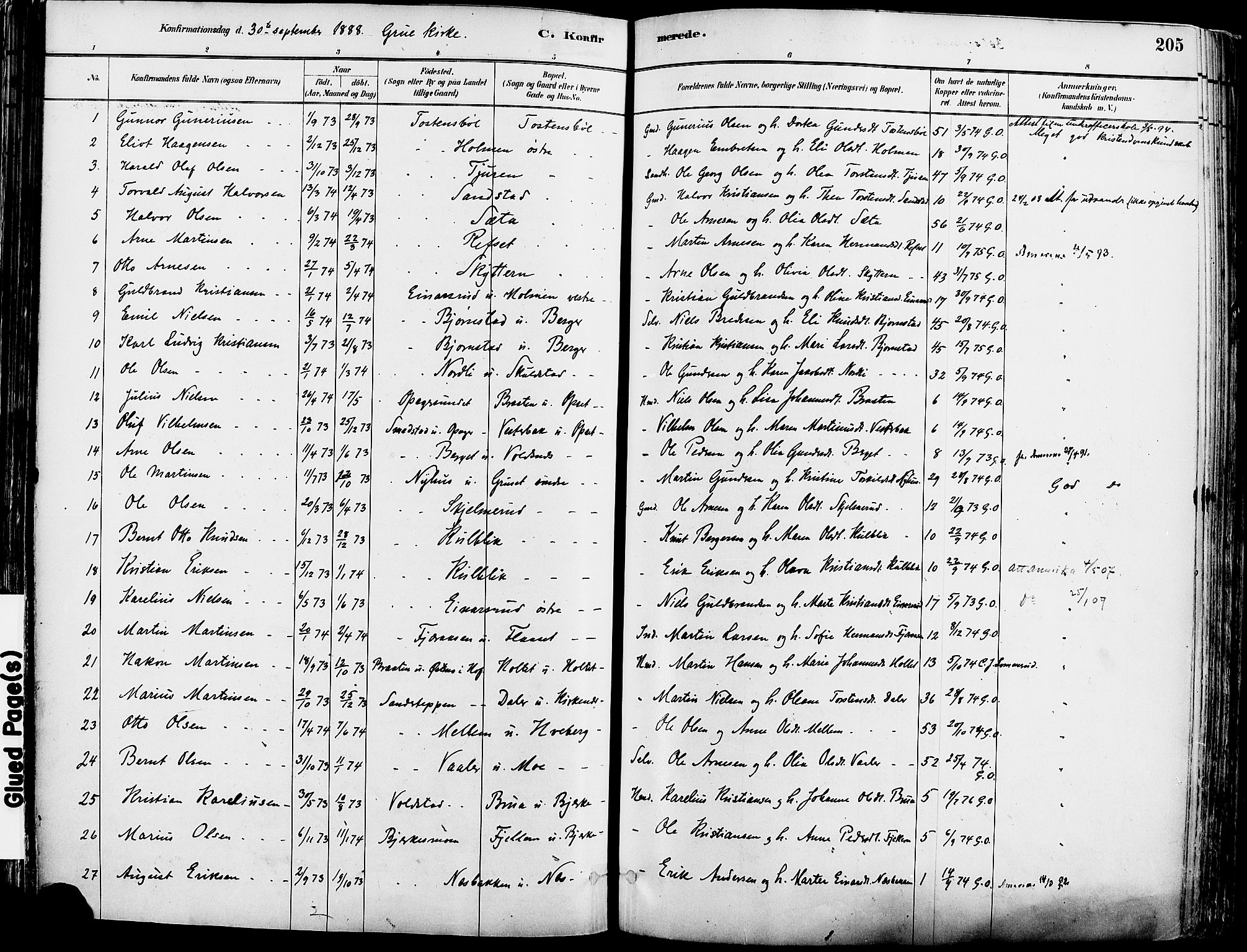 Grue prestekontor, AV/SAH-PREST-036/H/Ha/Haa/L0012: Parish register (official) no. 12, 1881-1897, p. 205