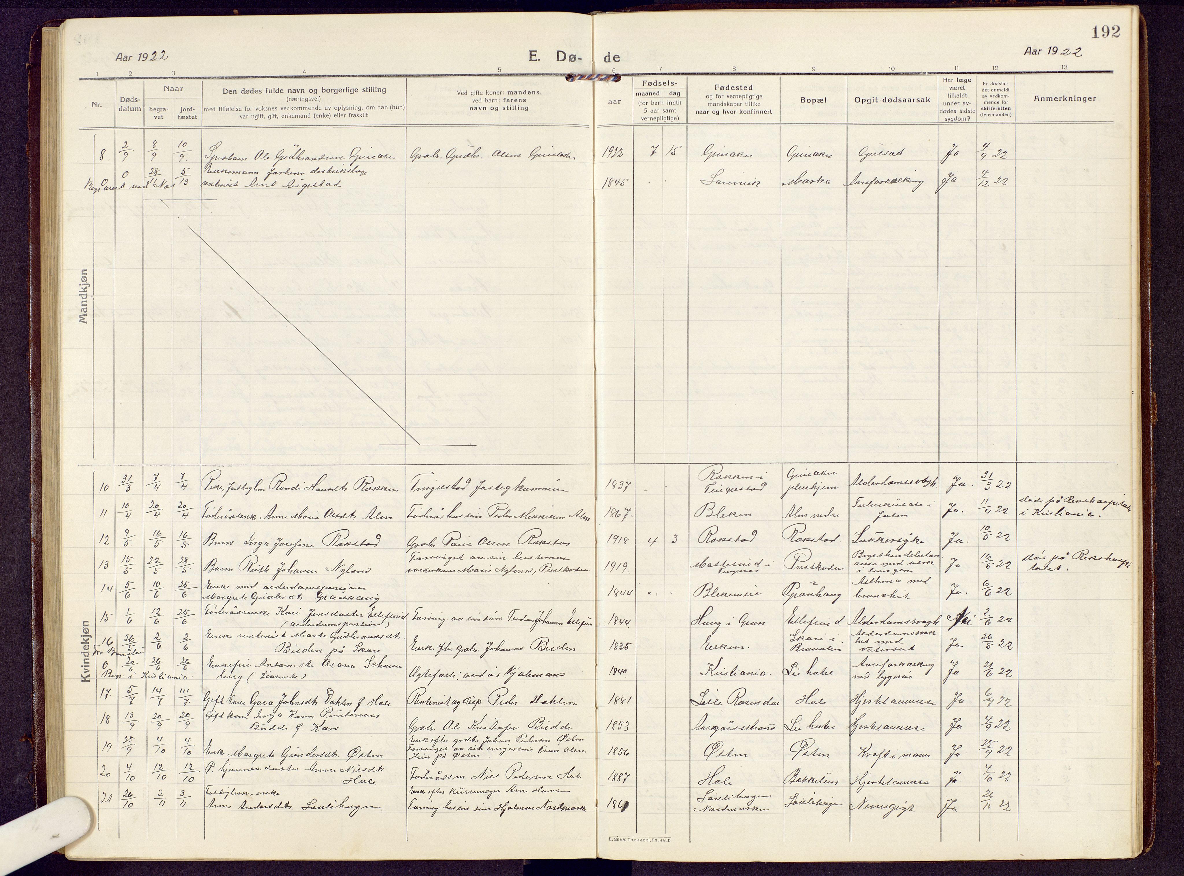 Brandbu prestekontor, SAH/PREST-114/H/Ha/Hab/L0010: Parish register (copy) no. 10, 1916-1930, p. 192