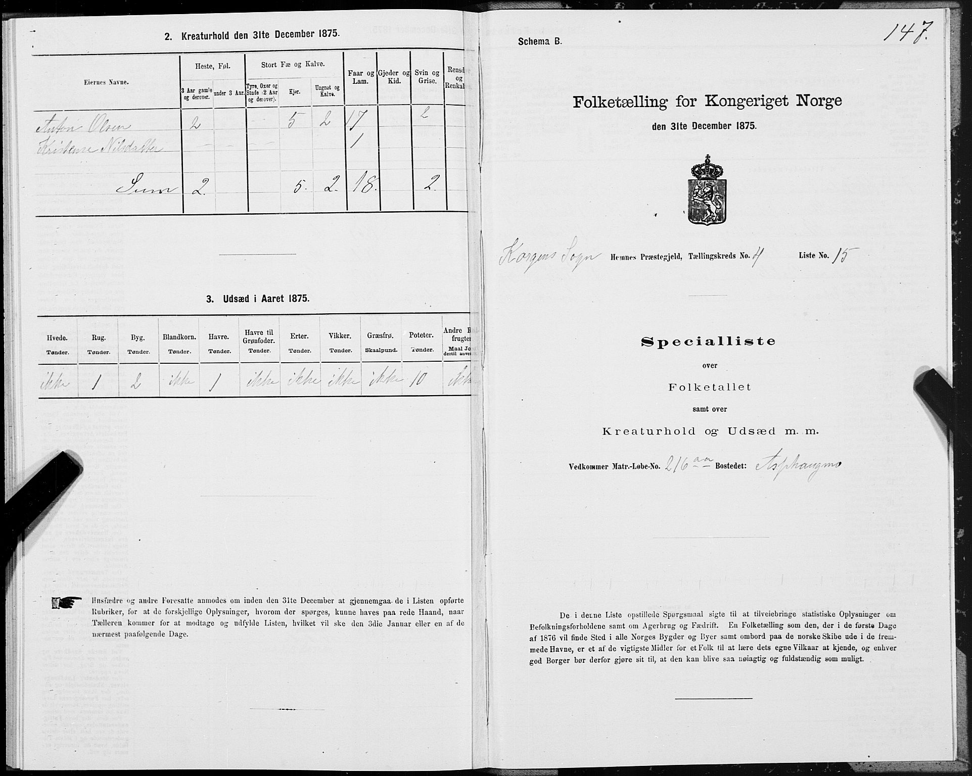 SAT, 1875 census for 1832P Hemnes, 1875, p. 3147