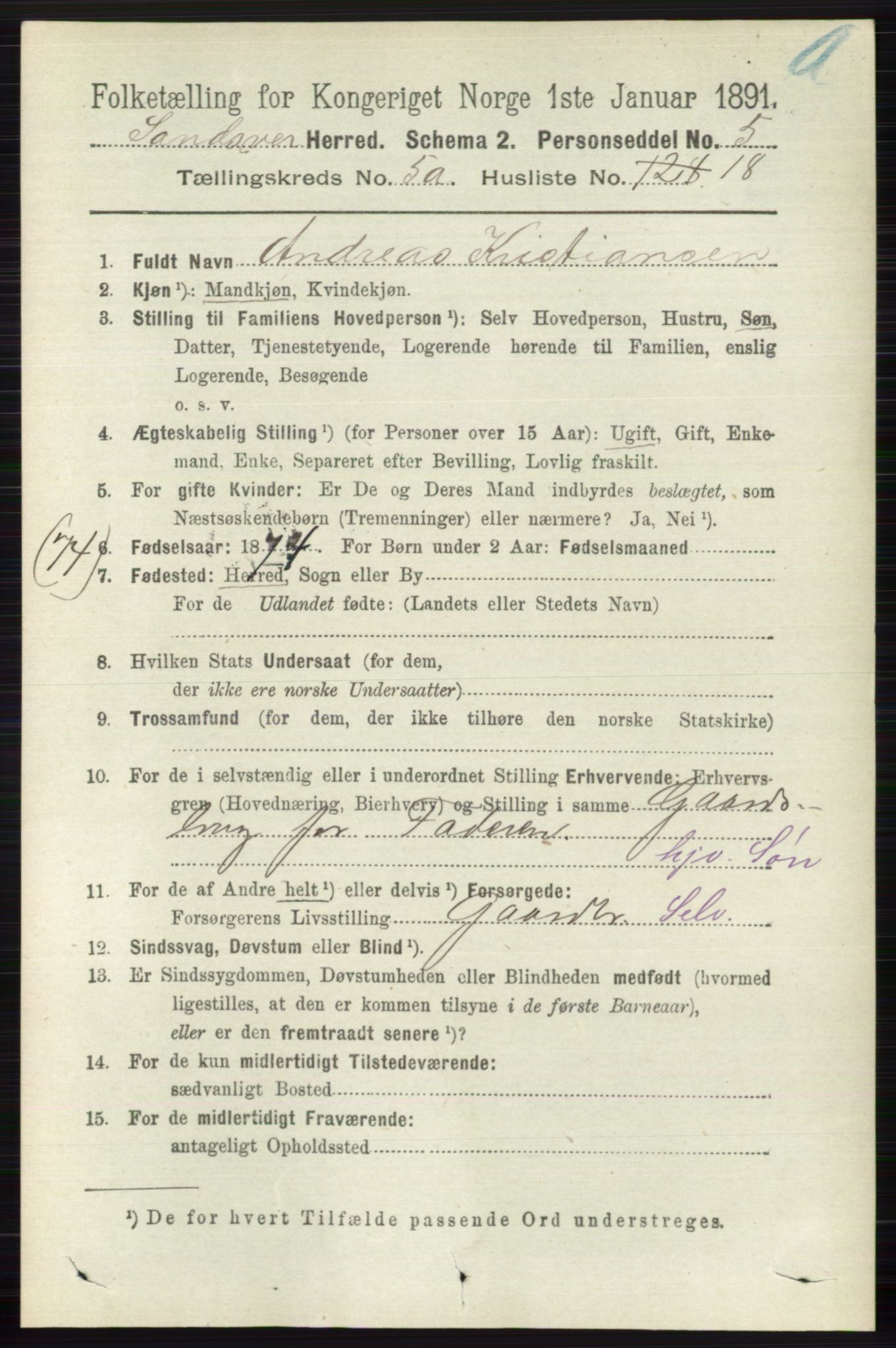 RA, 1891 census for 0629 Sandsvær, 1891, p. 2587