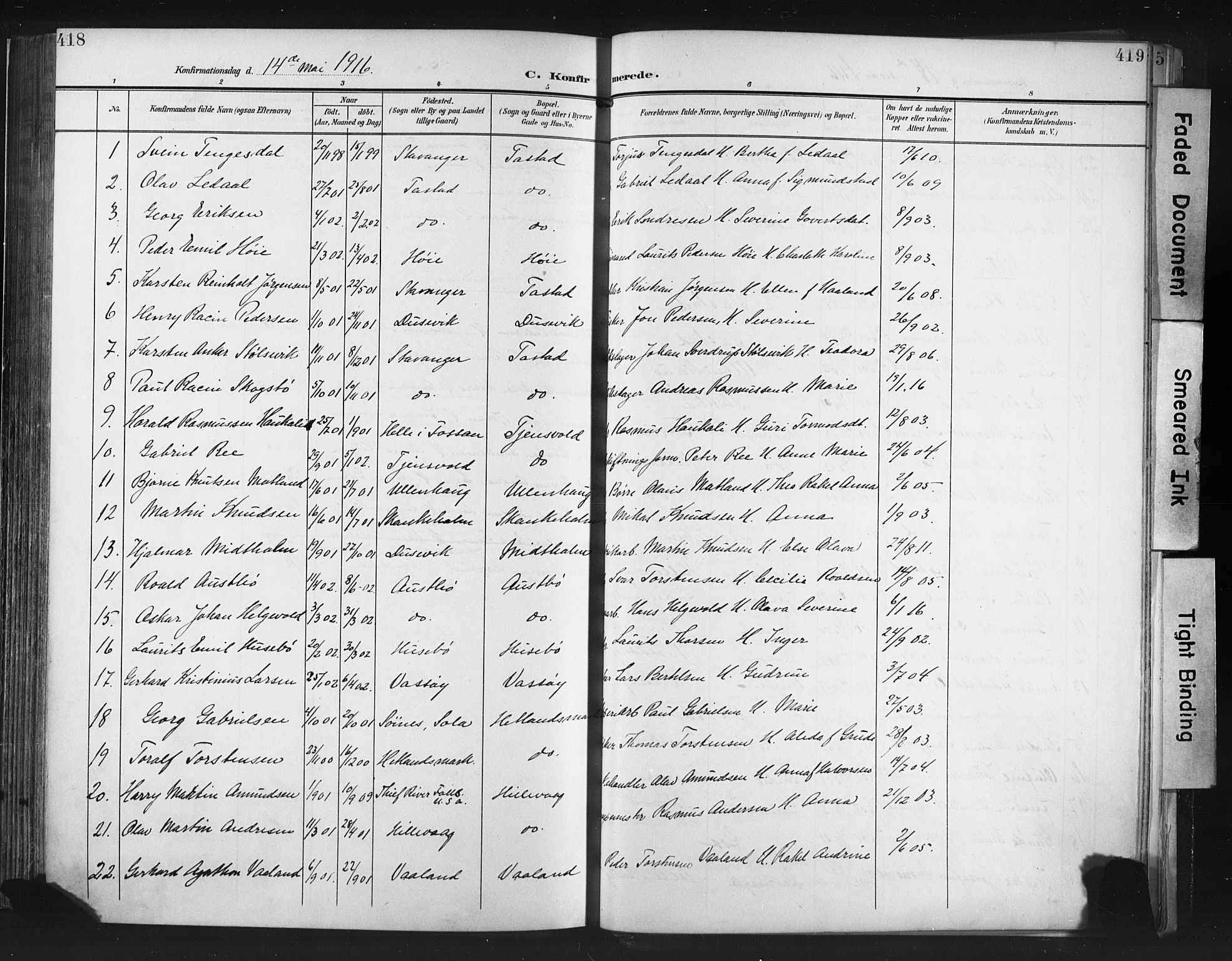 Hetland sokneprestkontor, SAST/A-101826/30/30BA/L0013: Parish register (official) no. A 13, 1904-1918, p. 418-419