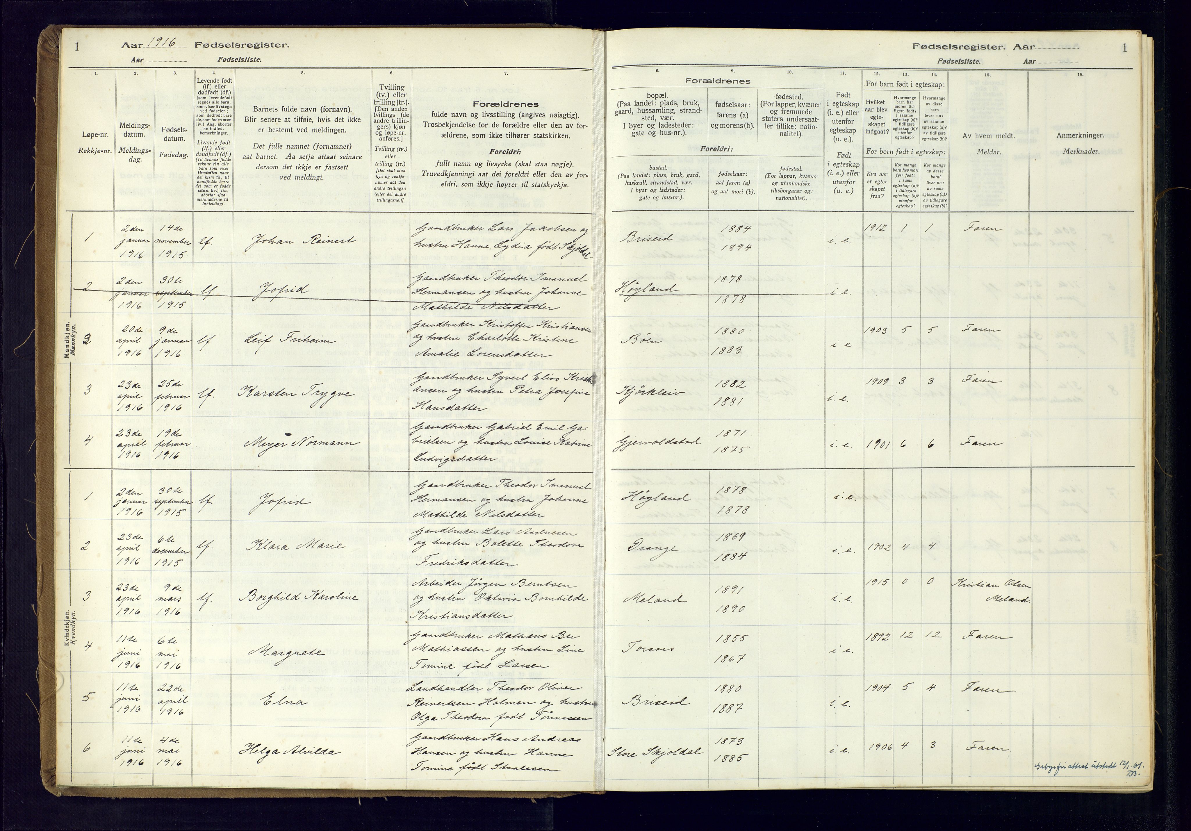 Herad sokneprestkontor, SAK/1111-0018/J/Ja/L0001: Birth register no. A-VI-12, 1916-1981, p. 1