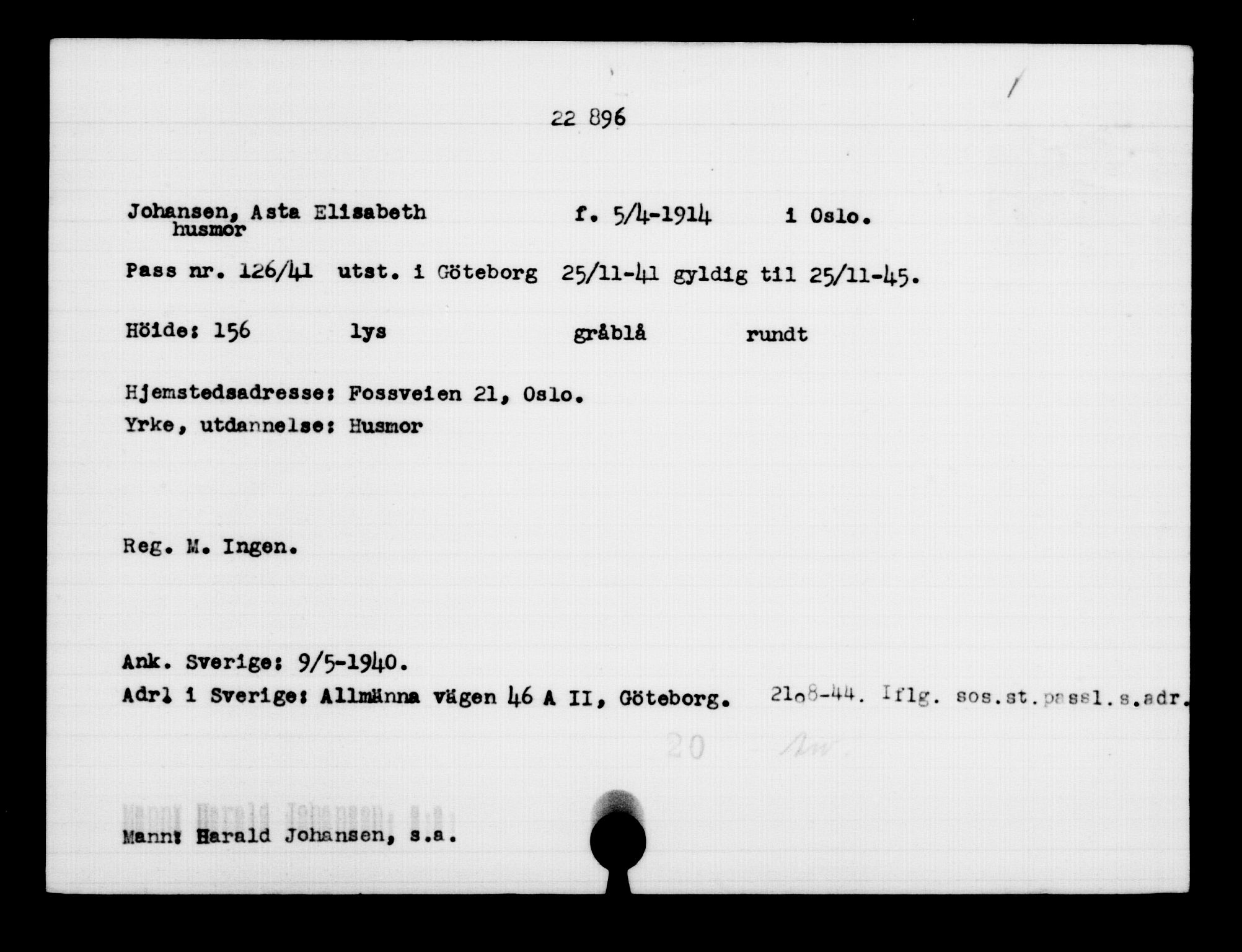 Utenriksstasjonene, Legasjonen i Stockholm, Flyktningkontoret, AV/RA-S-6753/V/Va/L0010: Kjesäterkartoteket, flyktninger med registreringsnr. 22000-25314, 1940-1945, p. 974