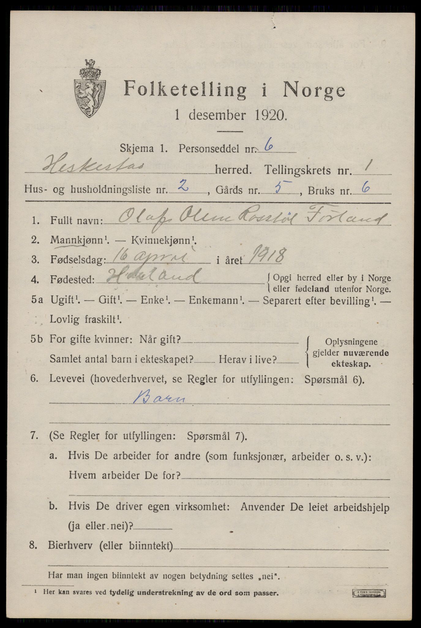 SAST, 1920 census for Heskestad, 1920, p. 389