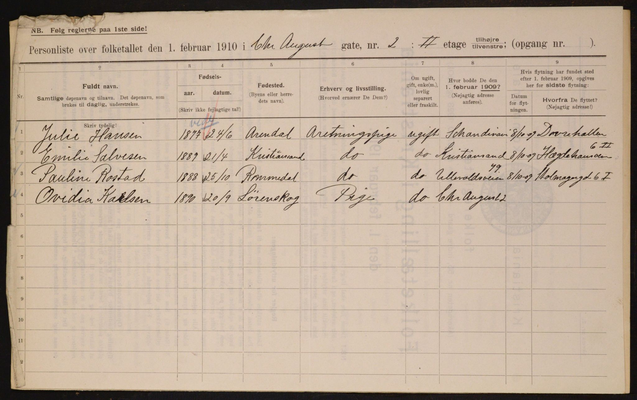 OBA, Municipal Census 1910 for Kristiania, 1910, p. 52354