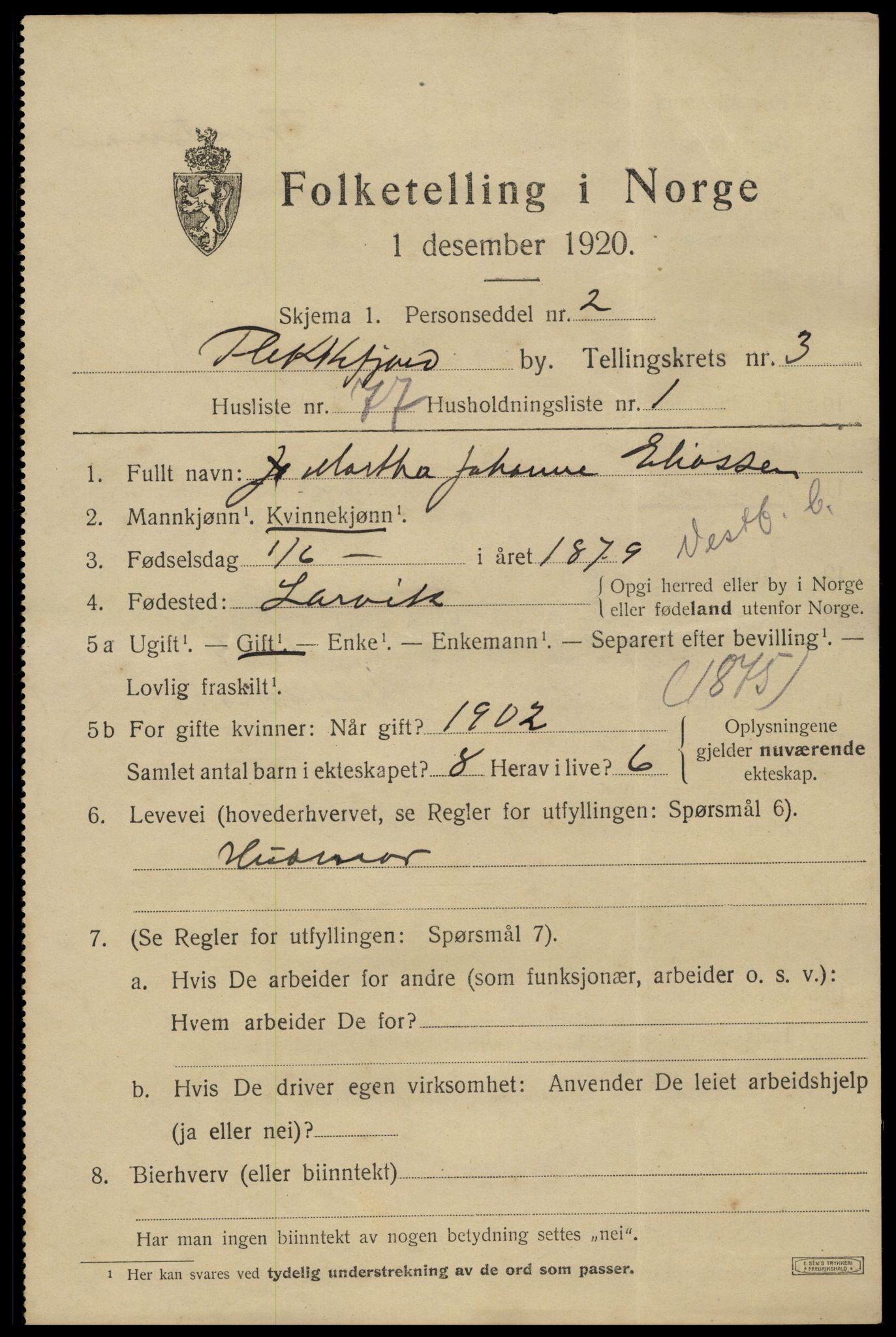 SAK, 1920 census for Flekkefjord, 1920, p. 4416