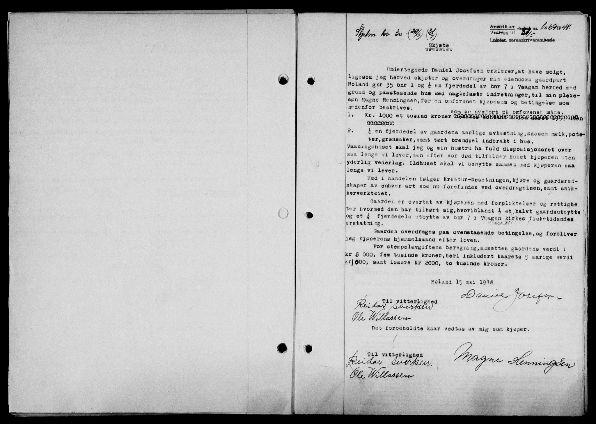 Lofoten sorenskriveri, SAT/A-0017/1/2/2C/L0018a: Mortgage book no. 18a, 1948-1948, Diary no: : 1069/1948