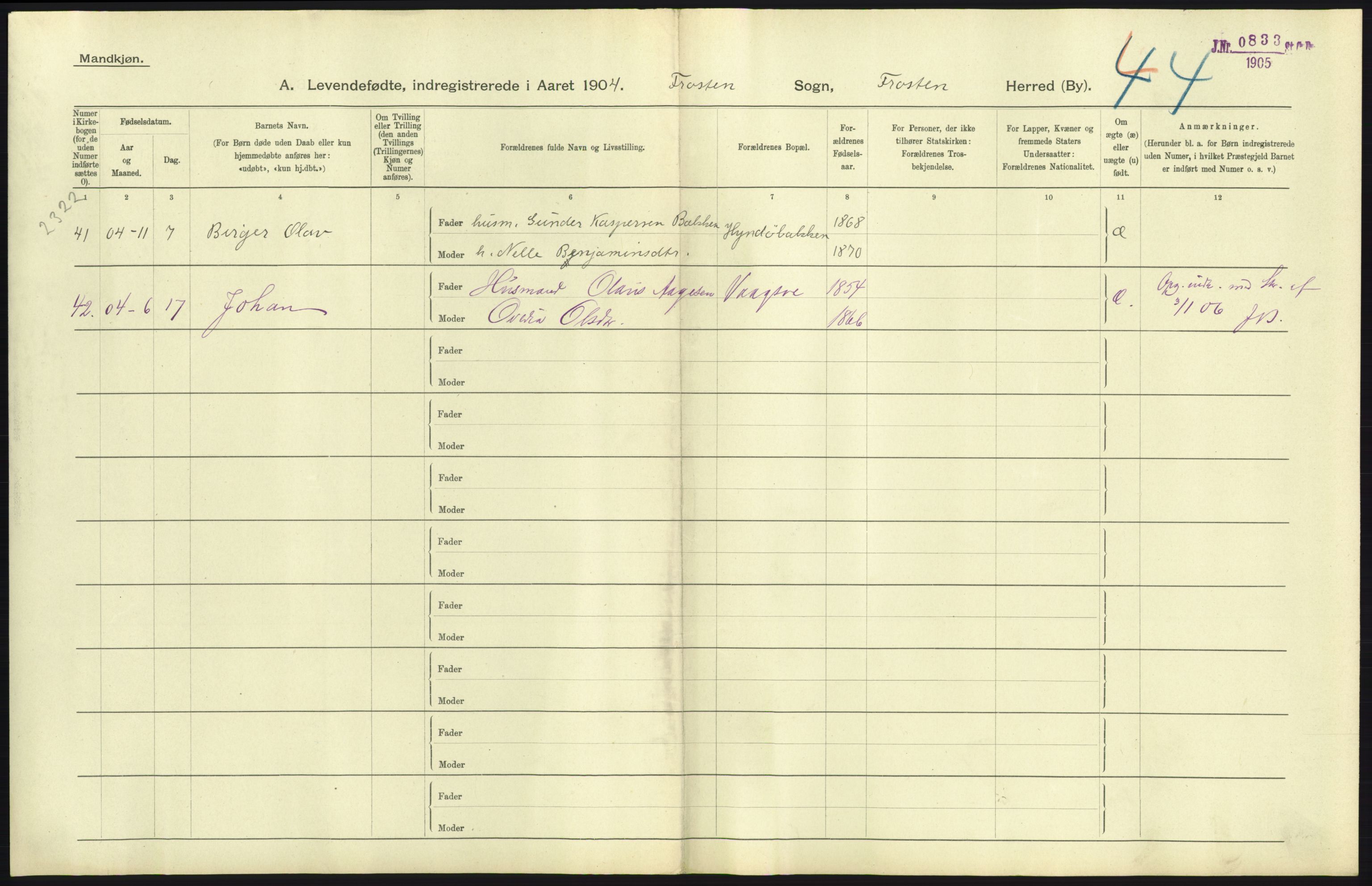 Statistisk sentralbyrå, Sosiodemografiske emner, Befolkning, AV/RA-S-2228/D/Df/Dfa/Dfab/L0019: Nordre Trondhjems amt: Fødte, gifte, døde, 1904, p. 107