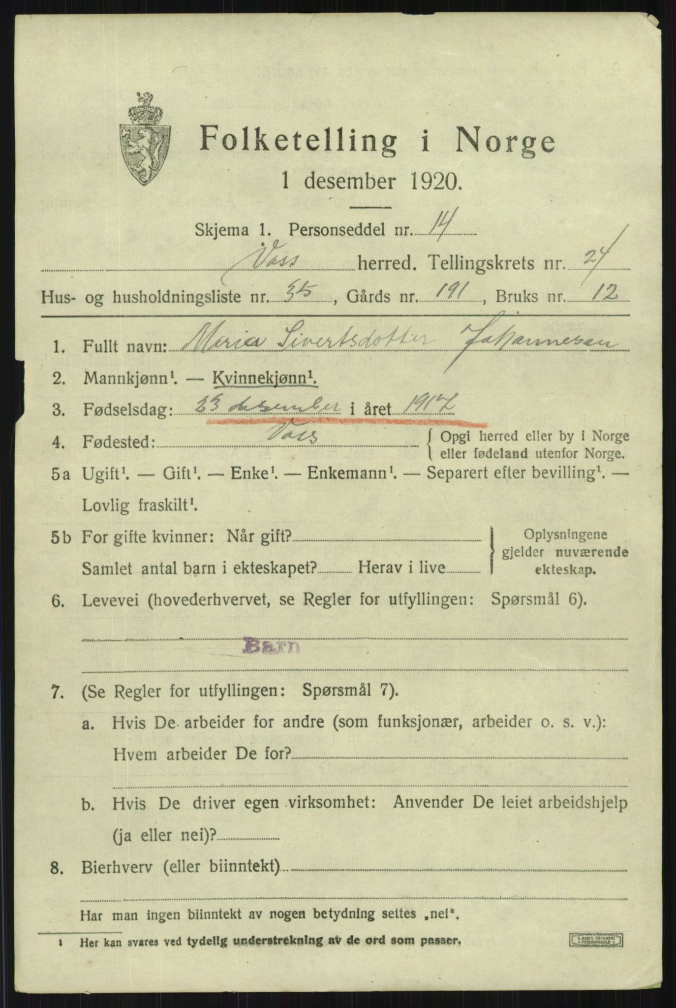 SAB, 1920 census for Voss, 1920, p. 16675