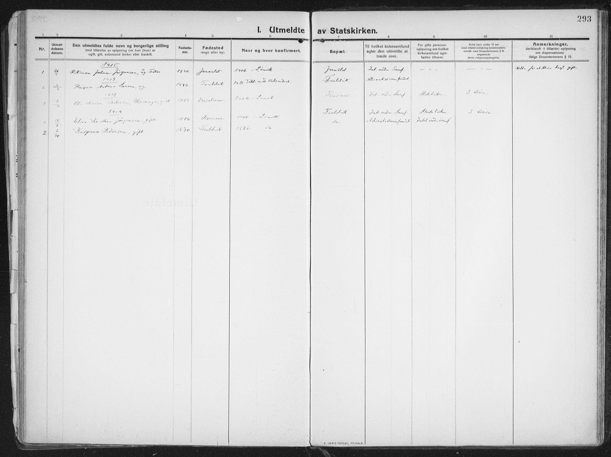 Lenvik sokneprestembete, SATØ/S-1310/H/Ha/Haa/L0016kirke: Parish register (official) no. 16, 1910-1924, p. 293