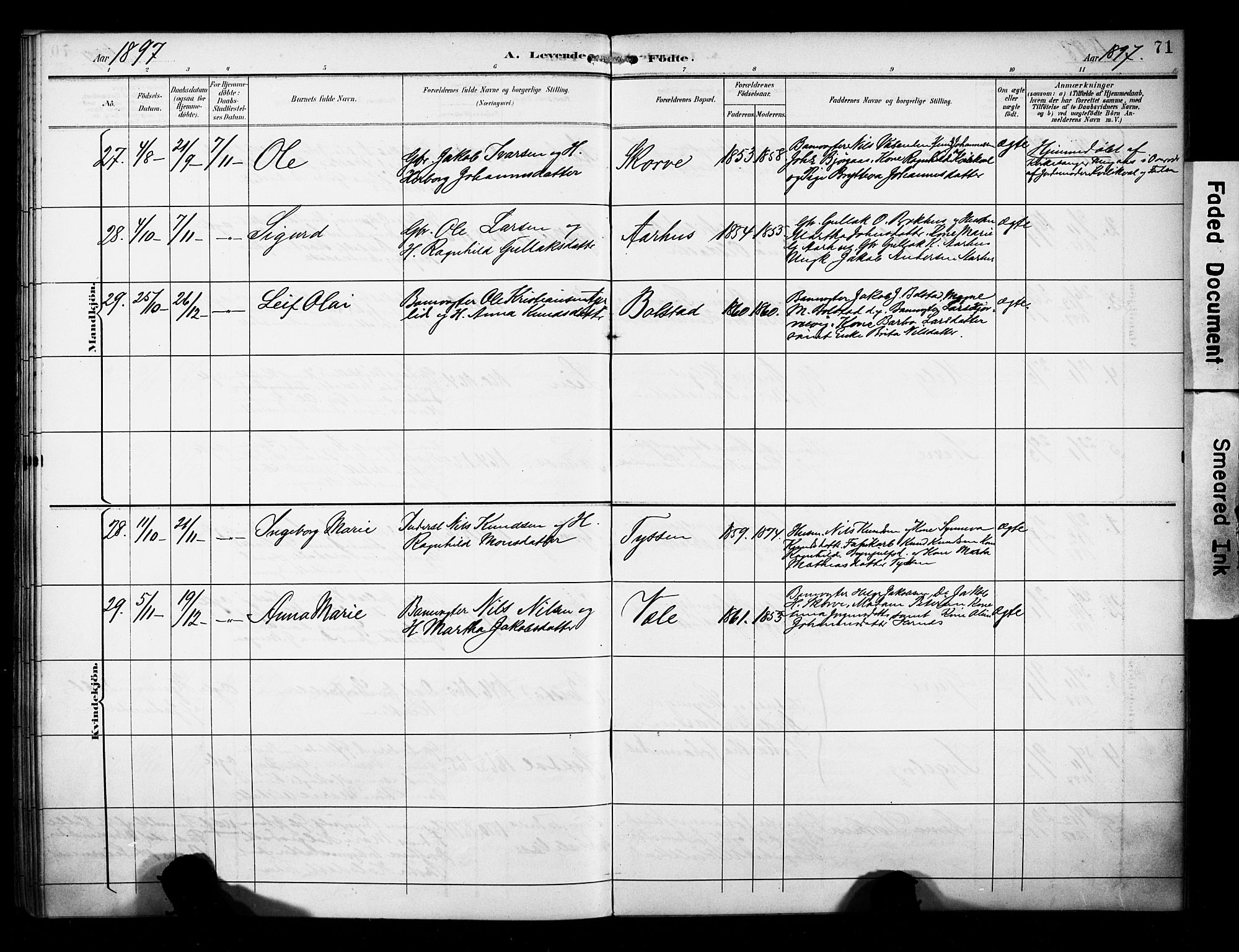 Evanger sokneprestembete, SAB/A-99924: Parish register (official) no. A 2, 1892-1899, p. 71