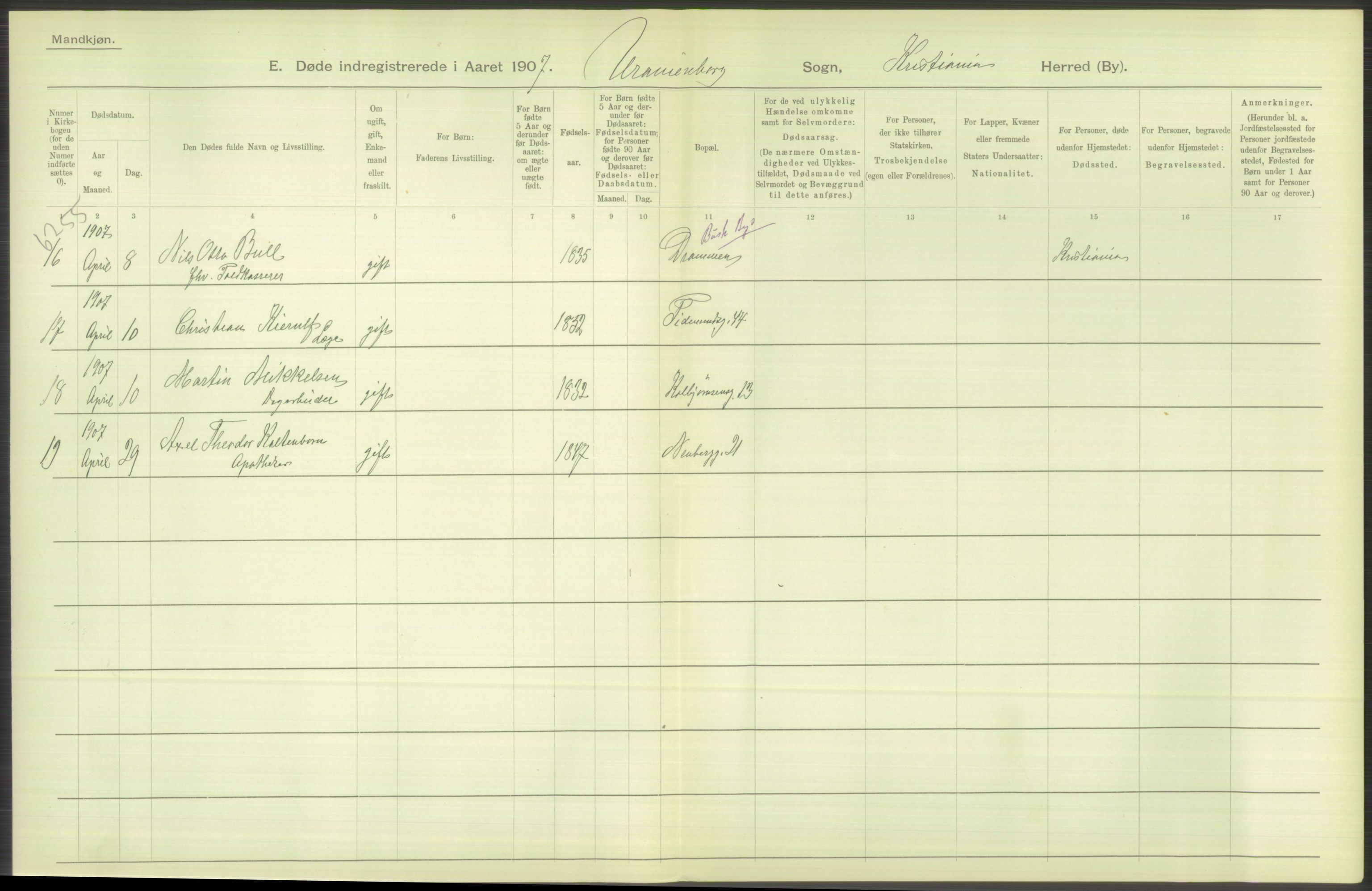 Statistisk sentralbyrå, Sosiodemografiske emner, Befolkning, AV/RA-S-2228/D/Df/Dfa/Dfae/L0010: Kristiania: Døde, dødfødte, 1907, p. 508