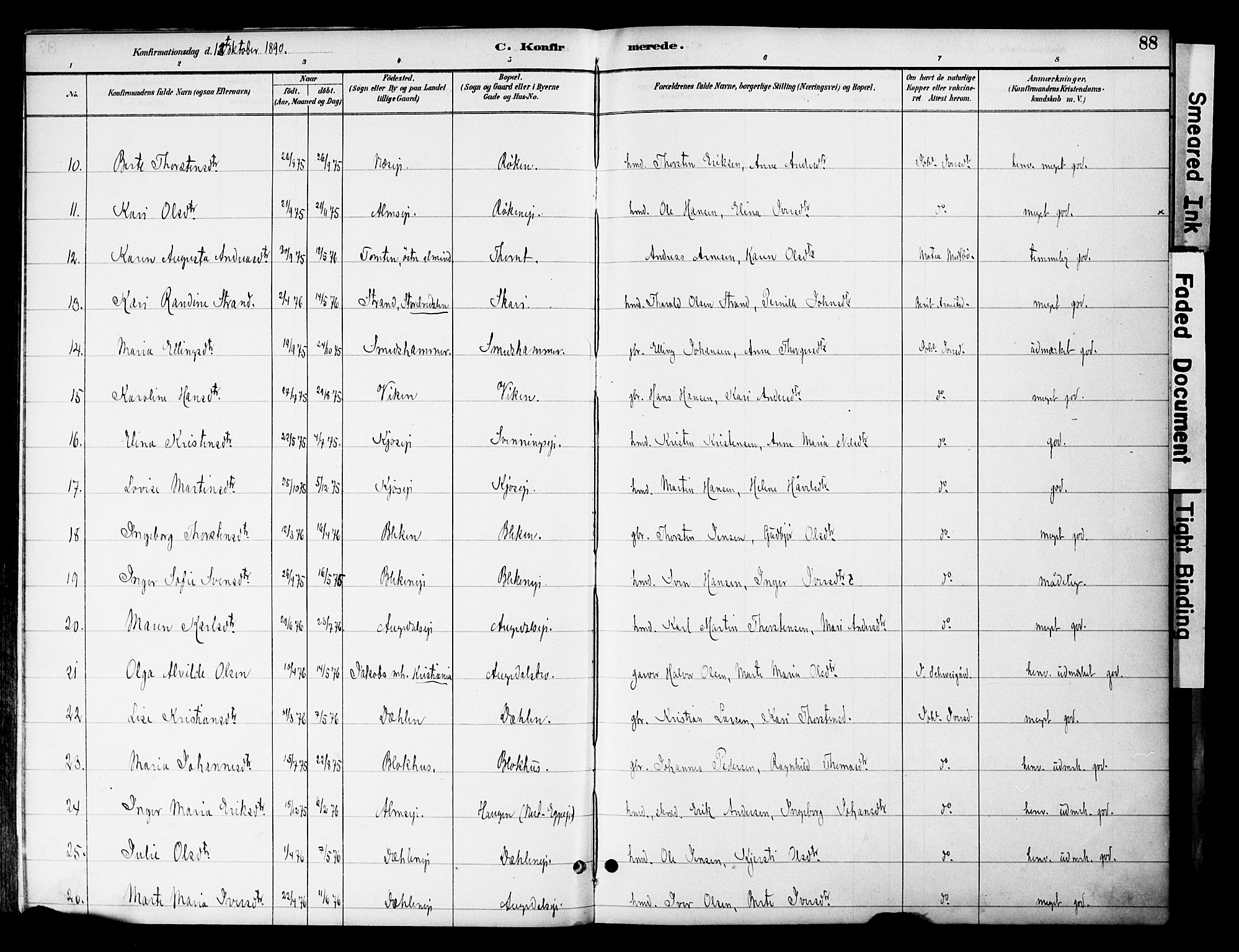 Gran prestekontor, SAH/PREST-112/H/Ha/Haa/L0020: Parish register (official) no. 20, 1889-1899, p. 88