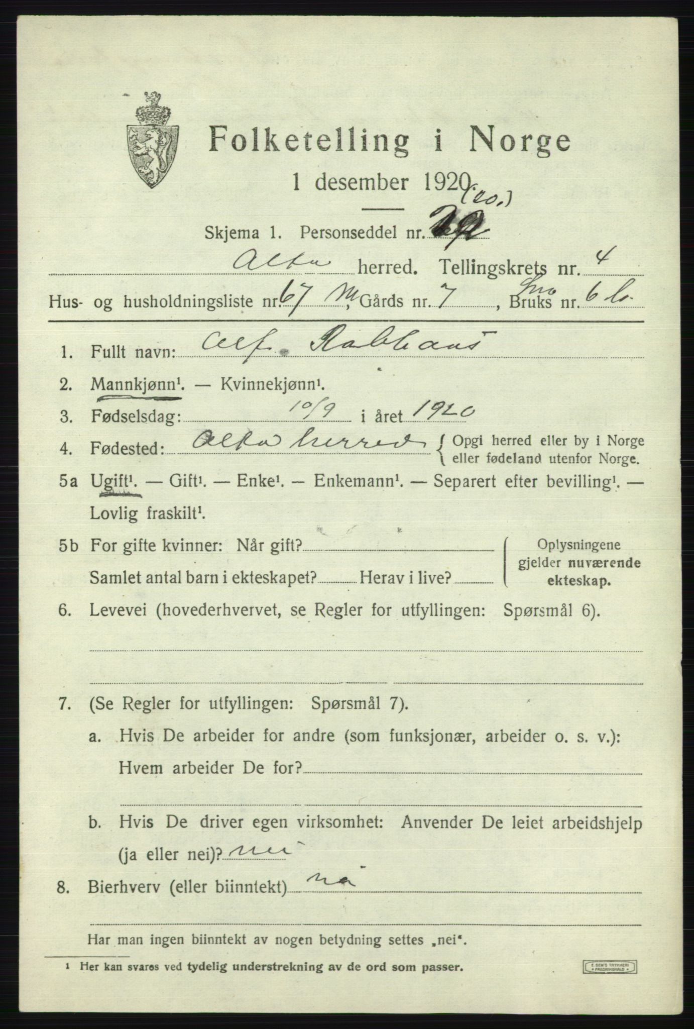 SATØ, 1920 census for Alta, 1920, p. 3307