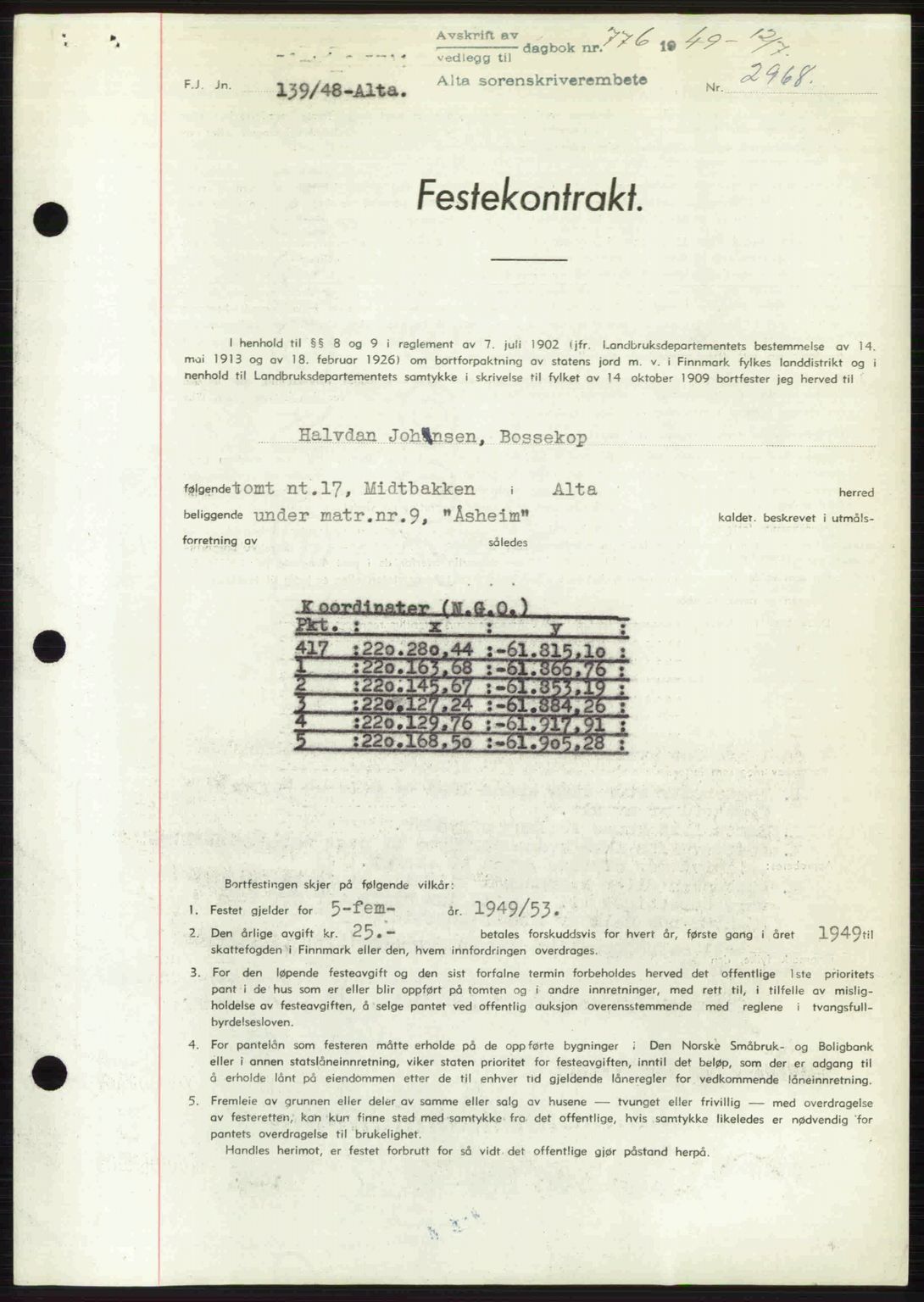 Alta fogderi/sorenskriveri, SATØ/SATØ-5/1/K/Kd/L0037pantebok: Mortgage book no. 39-40, 1948-1949, Diary no: : 776/1949