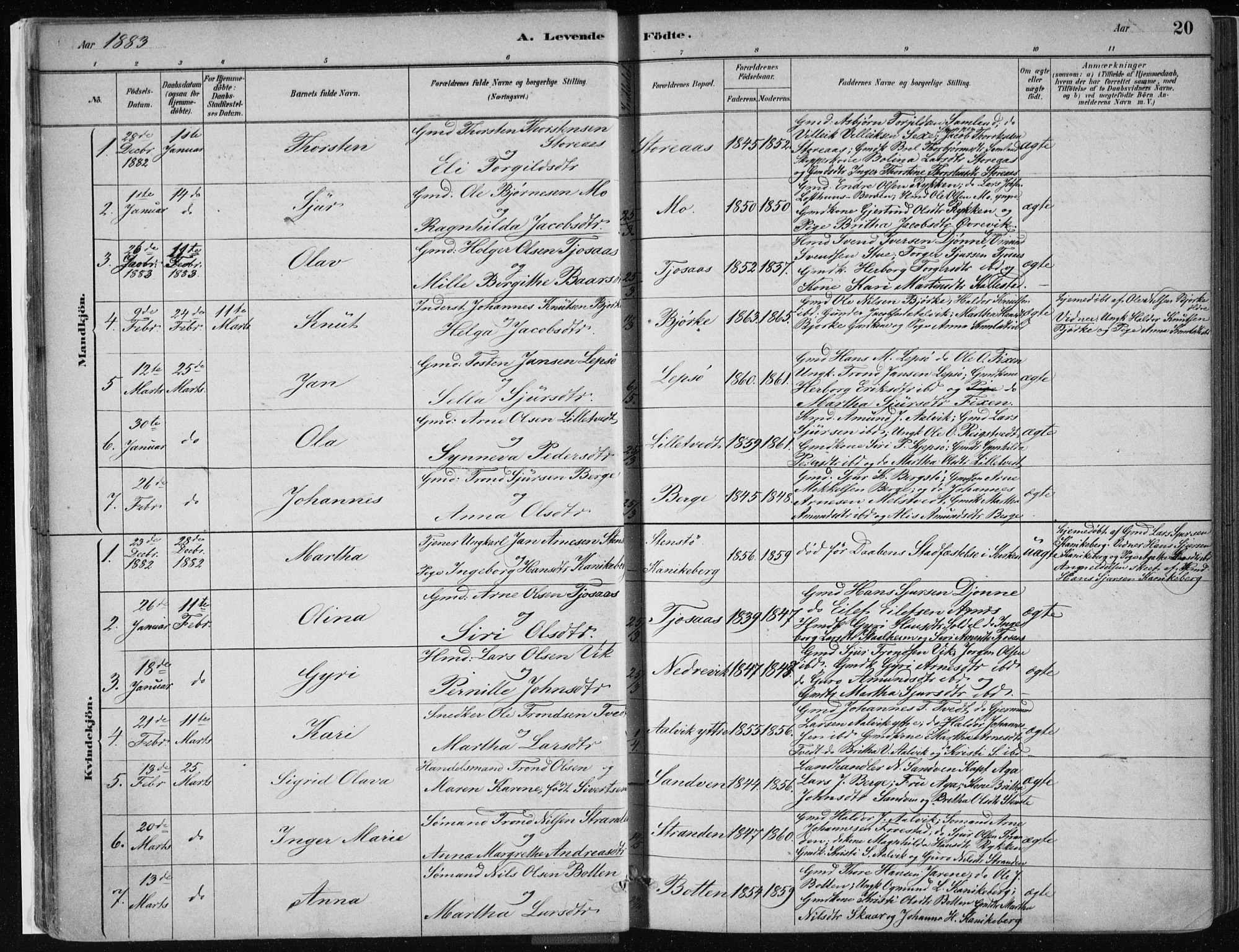 Kvam sokneprestembete, SAB/A-76201/H/Haa: Parish register (official) no. C  1, 1880-1906, p. 20