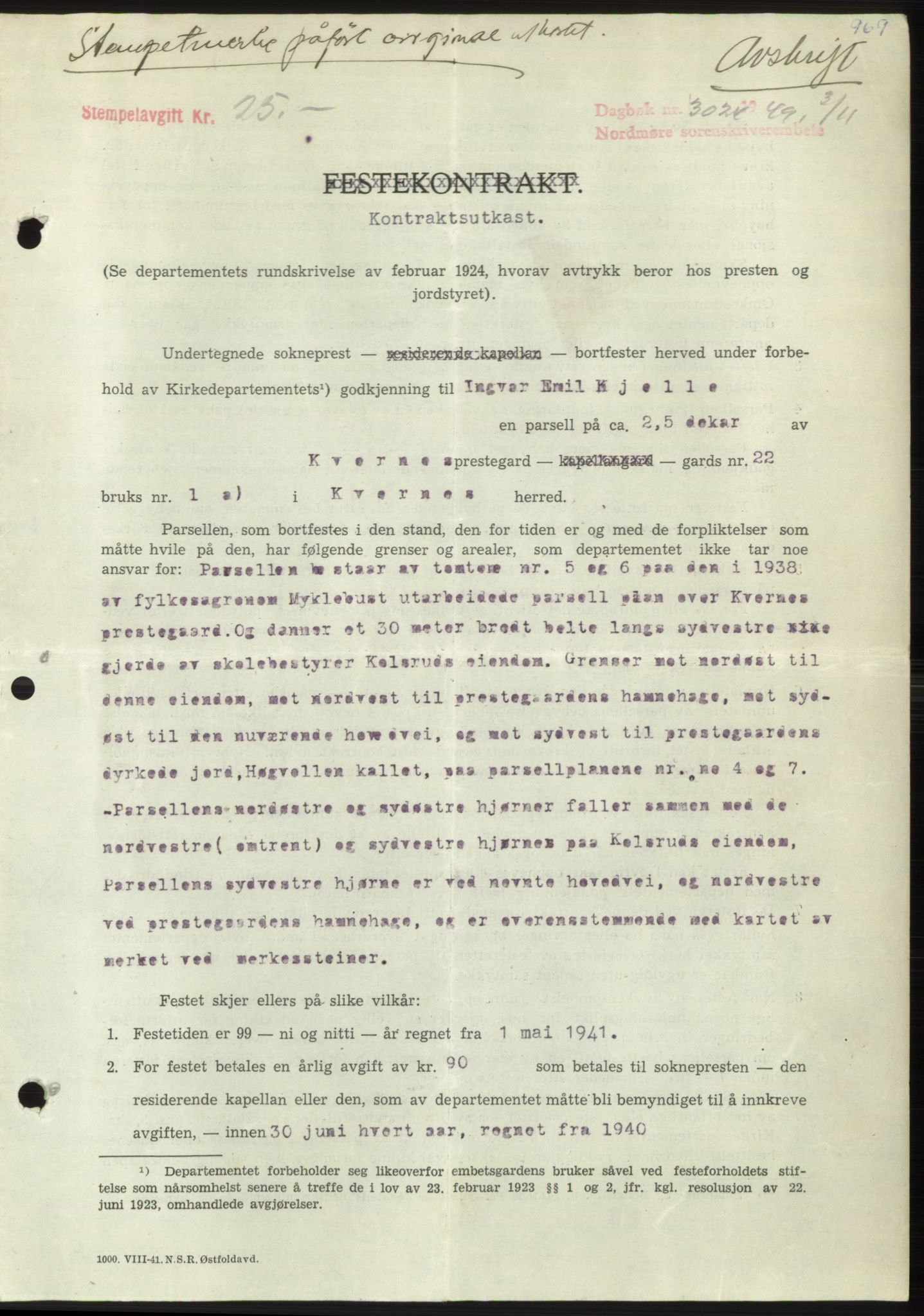 Nordmøre sorenskriveri, AV/SAT-A-4132/1/2/2Ca: Mortgage book no. B102, 1949-1949, Diary no: : 3024/1949