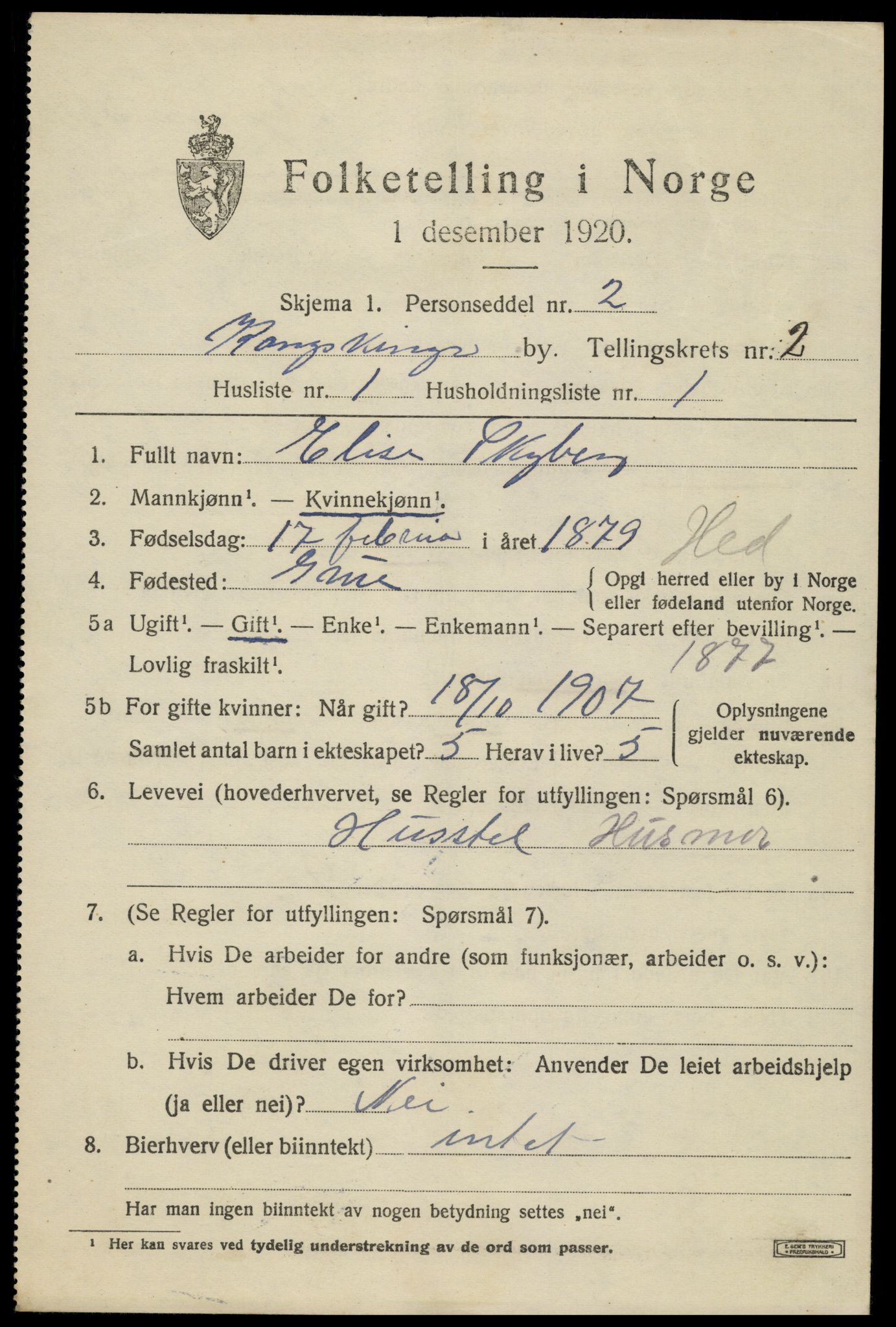 SAH, 1920 census for Kongsvinger, 1920, p. 3337