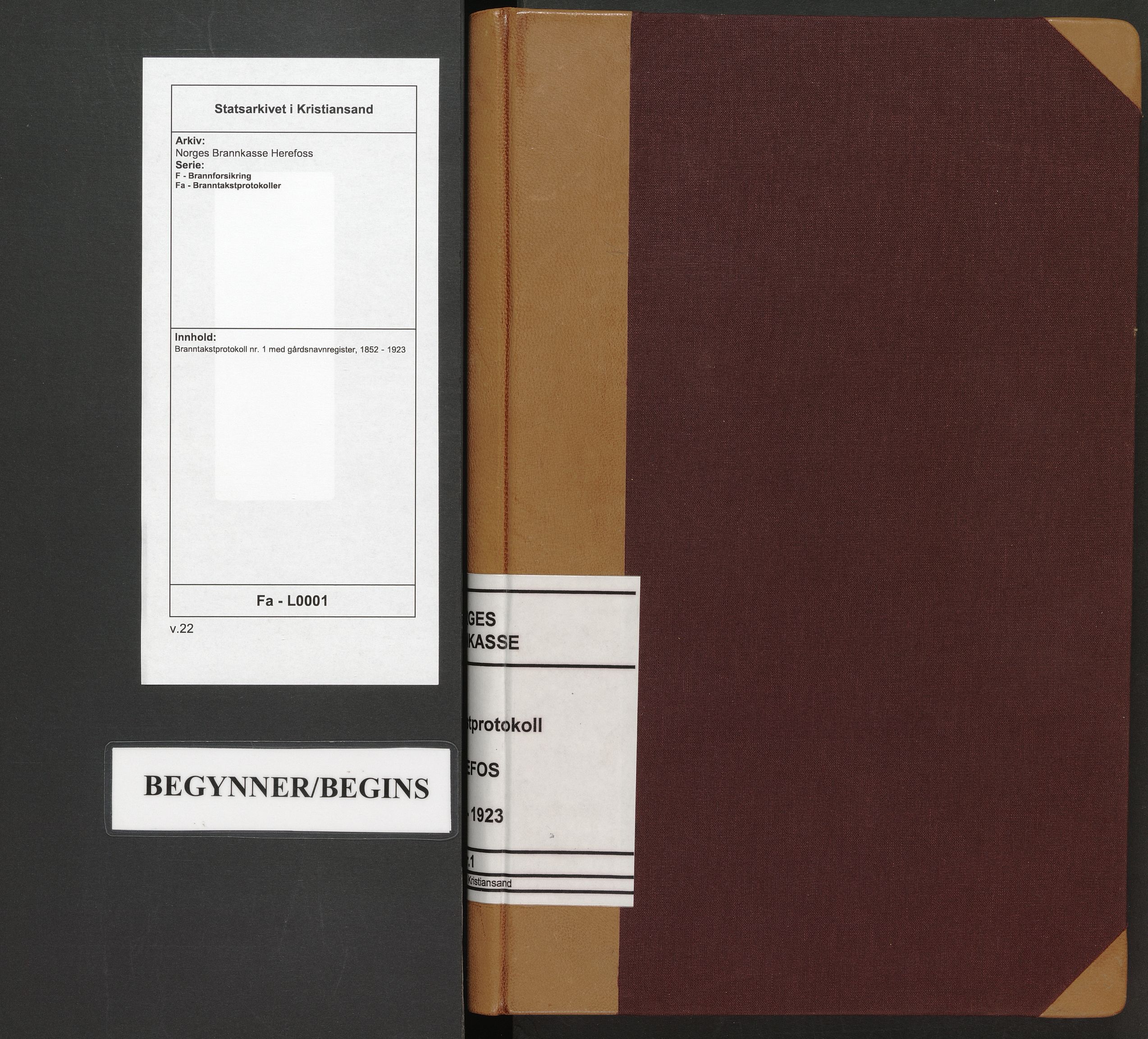 Norges Brannkasse Herefoss, AV/SAK-2241-0022/F/Fa/L0001: Branntakstprotokoll nr. 1 med gårdsnavnregister, 1852-1923