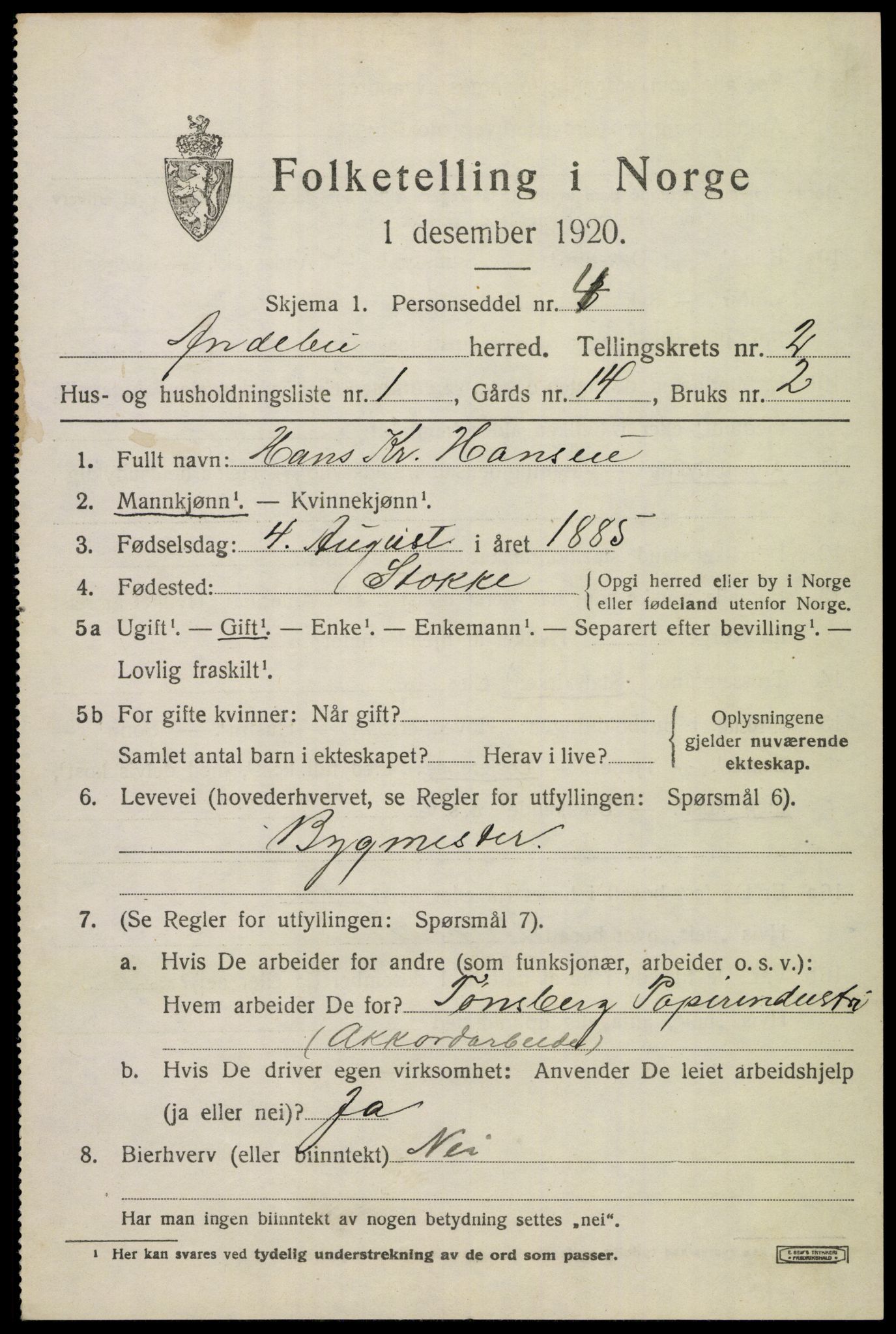 SAKO, 1920 census for Andebu, 1920, p. 1502