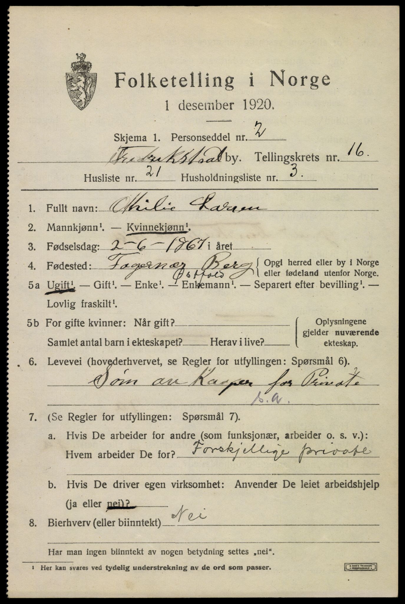 SAO, 1920 census for Fredrikshald, 1920, p. 25497