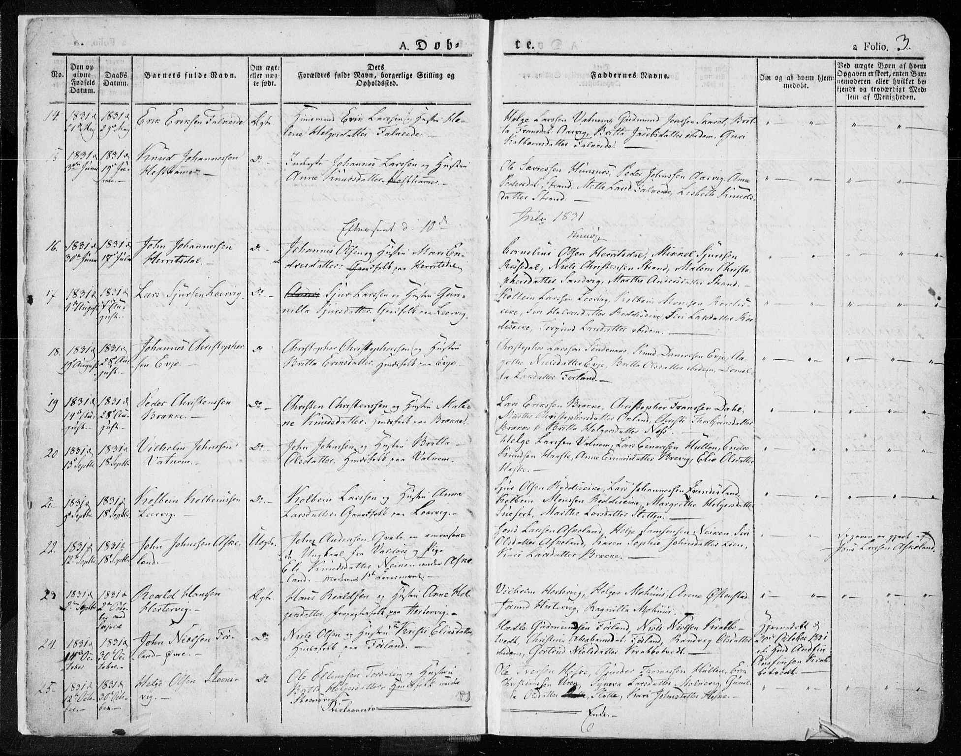 Tysvær sokneprestkontor, SAST/A -101864/H/Ha/Haa/L0001: Parish register (official) no. A 1.1, 1831-1856, p. 3