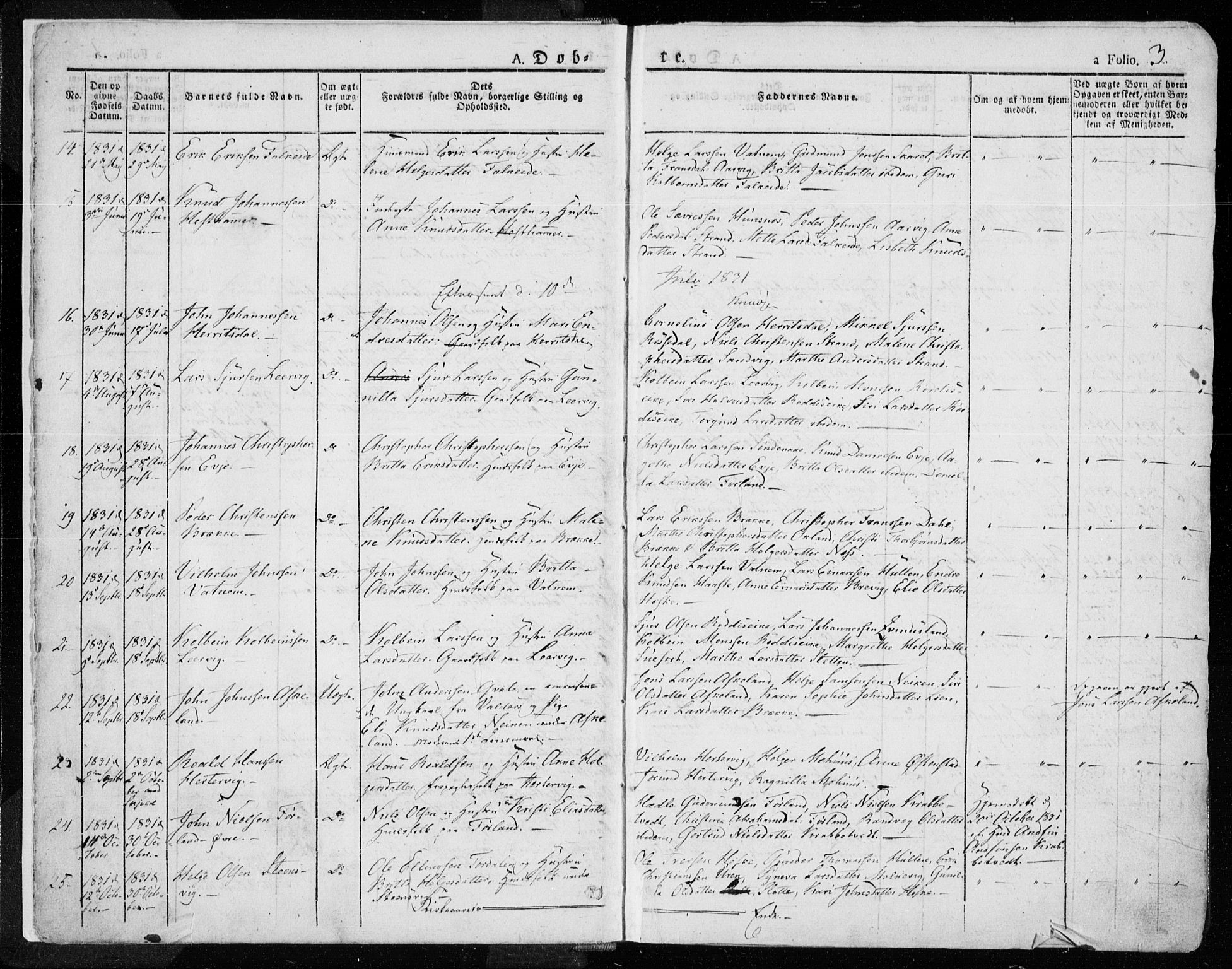 Tysvær sokneprestkontor, AV/SAST-A -101864/H/Ha/Haa/L0001: Parish register (official) no. A 1.1, 1831-1856, p. 3