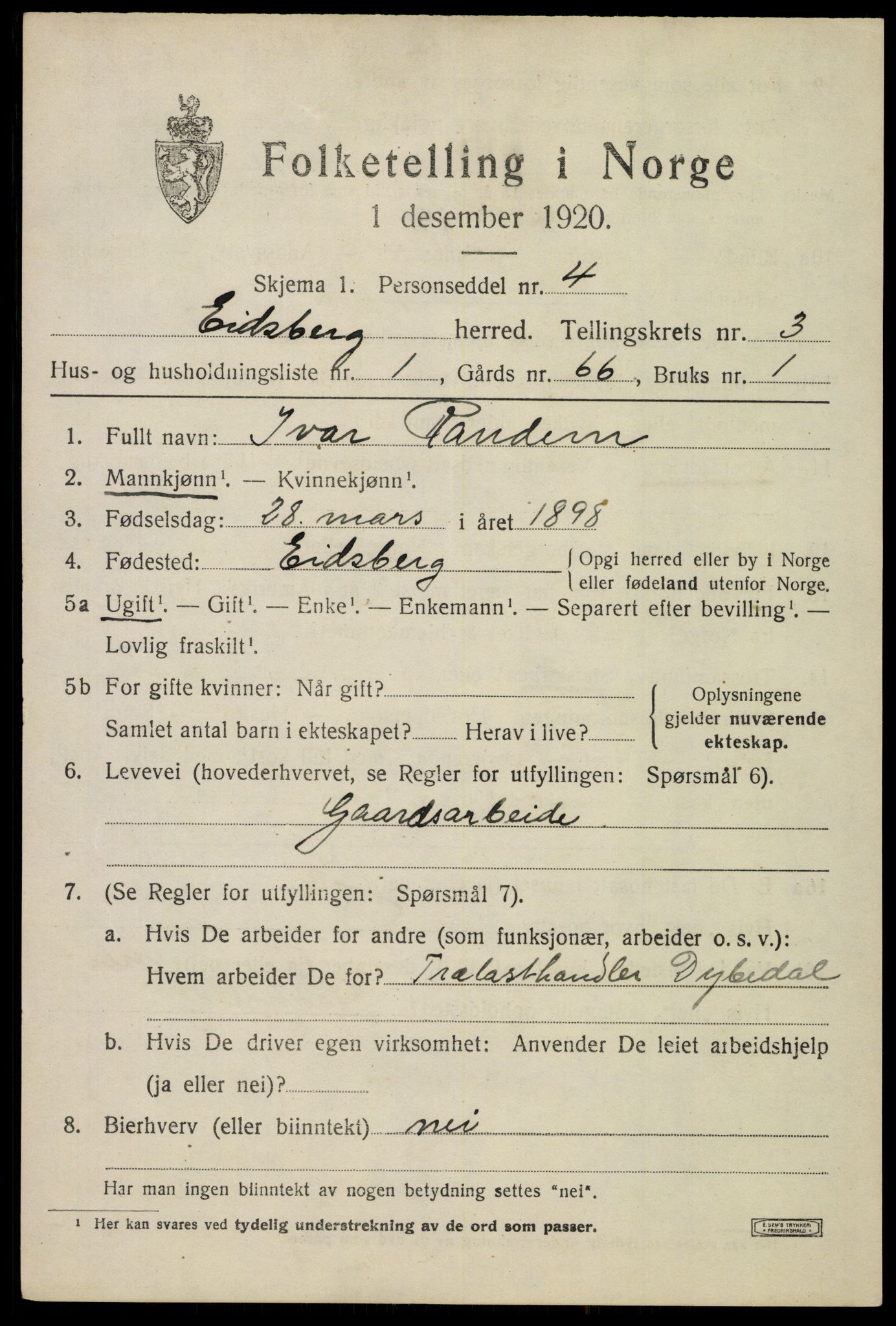 SAO, 1920 census for Eidsberg, 1920, p. 3985