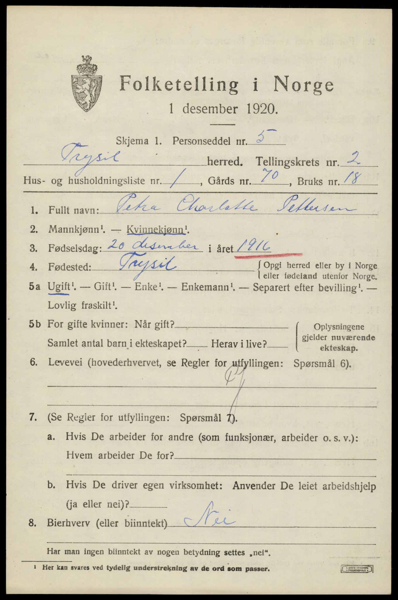 SAH, 1920 census for Trysil, 1920, p. 3097
