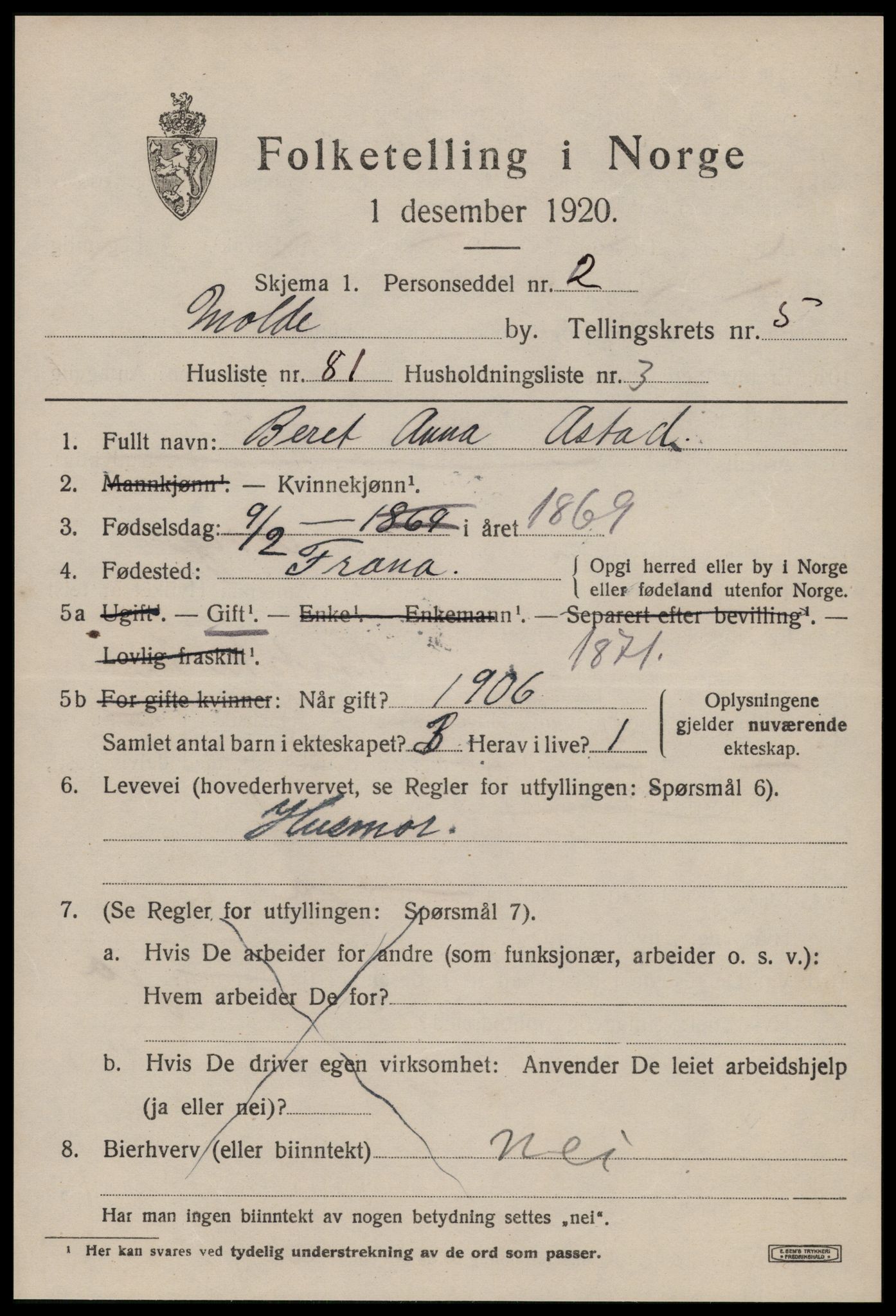SAT, 1920 census for Molde, 1920, p. 8145