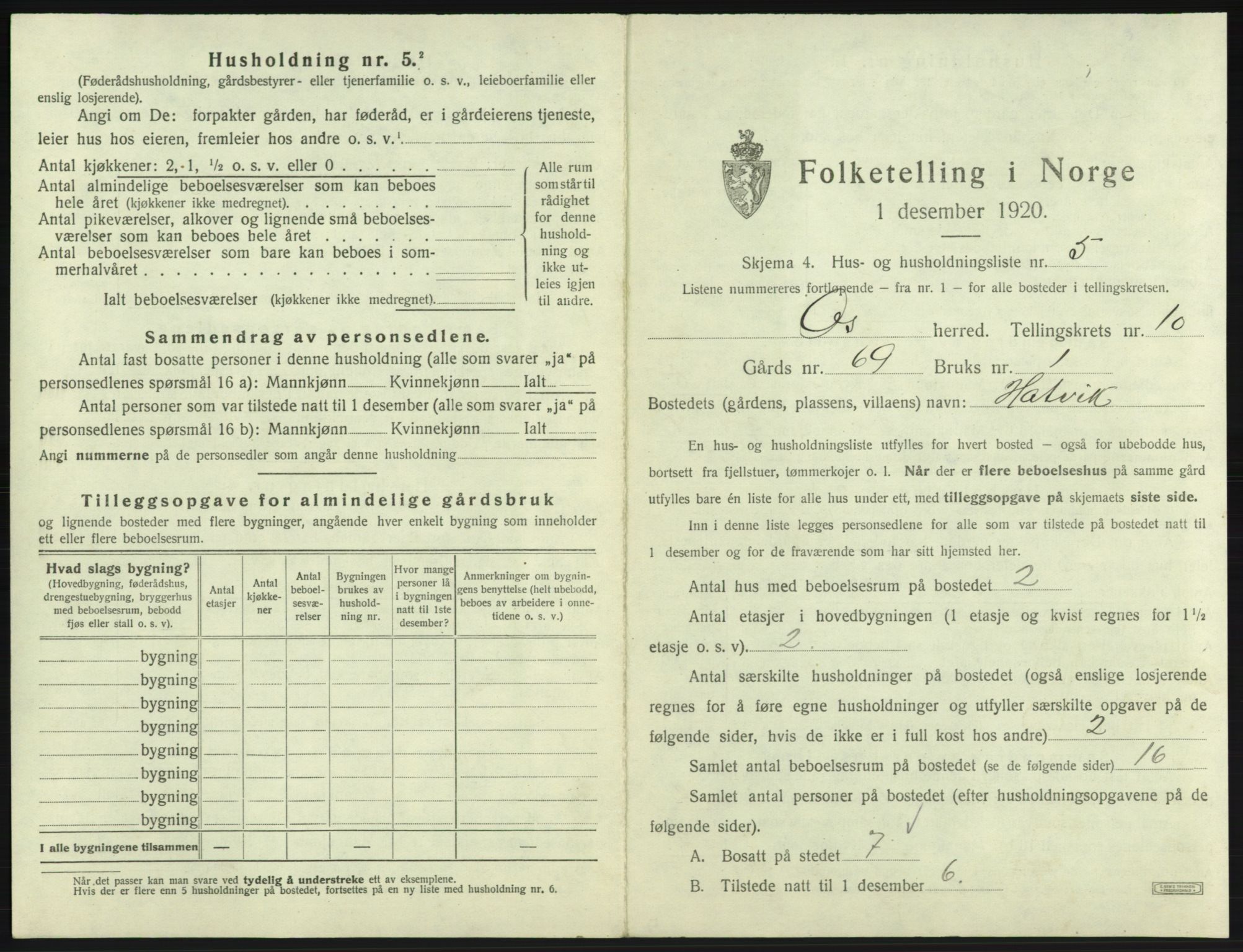 SAB, 1920 census for Os, 1920, p. 1085