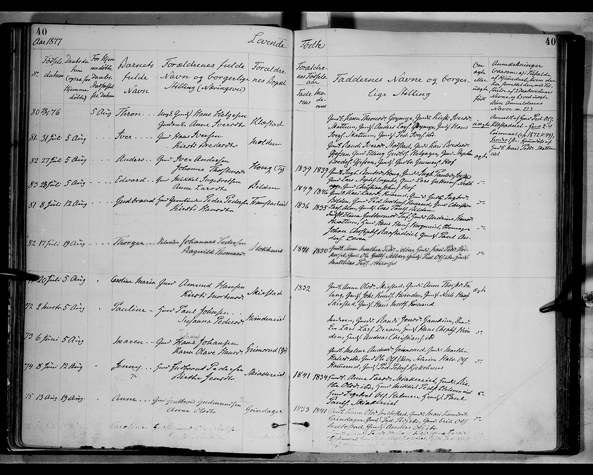 Gran prestekontor, SAH/PREST-112/H/Ha/Haa/L0013: Parish register (official) no. 13, 1875-1879, p. 40