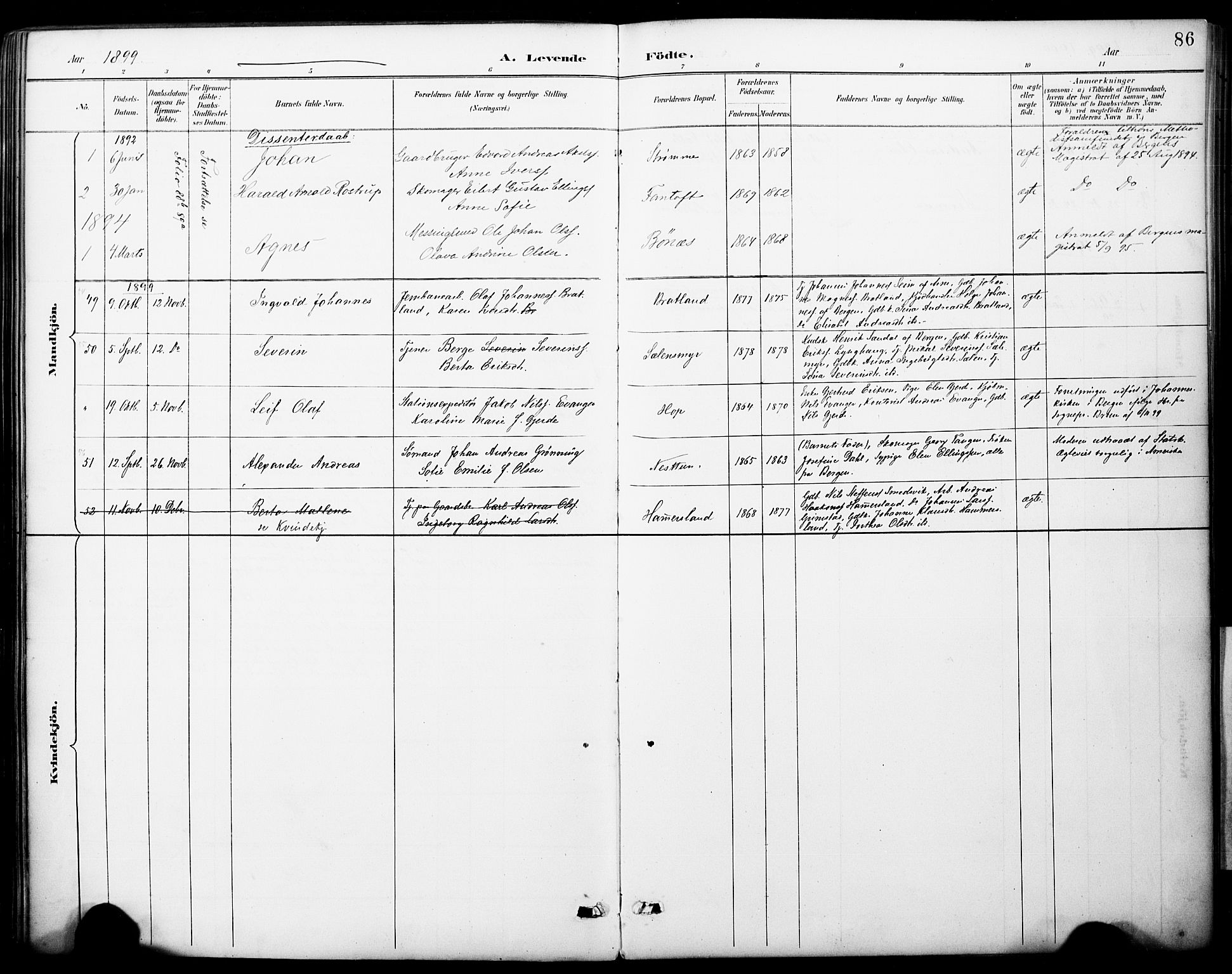 Fana Sokneprestembete, SAB/A-75101/H/Haa/Haai/L0002: Parish register (official) no. I 2, 1888-1899, p. 86