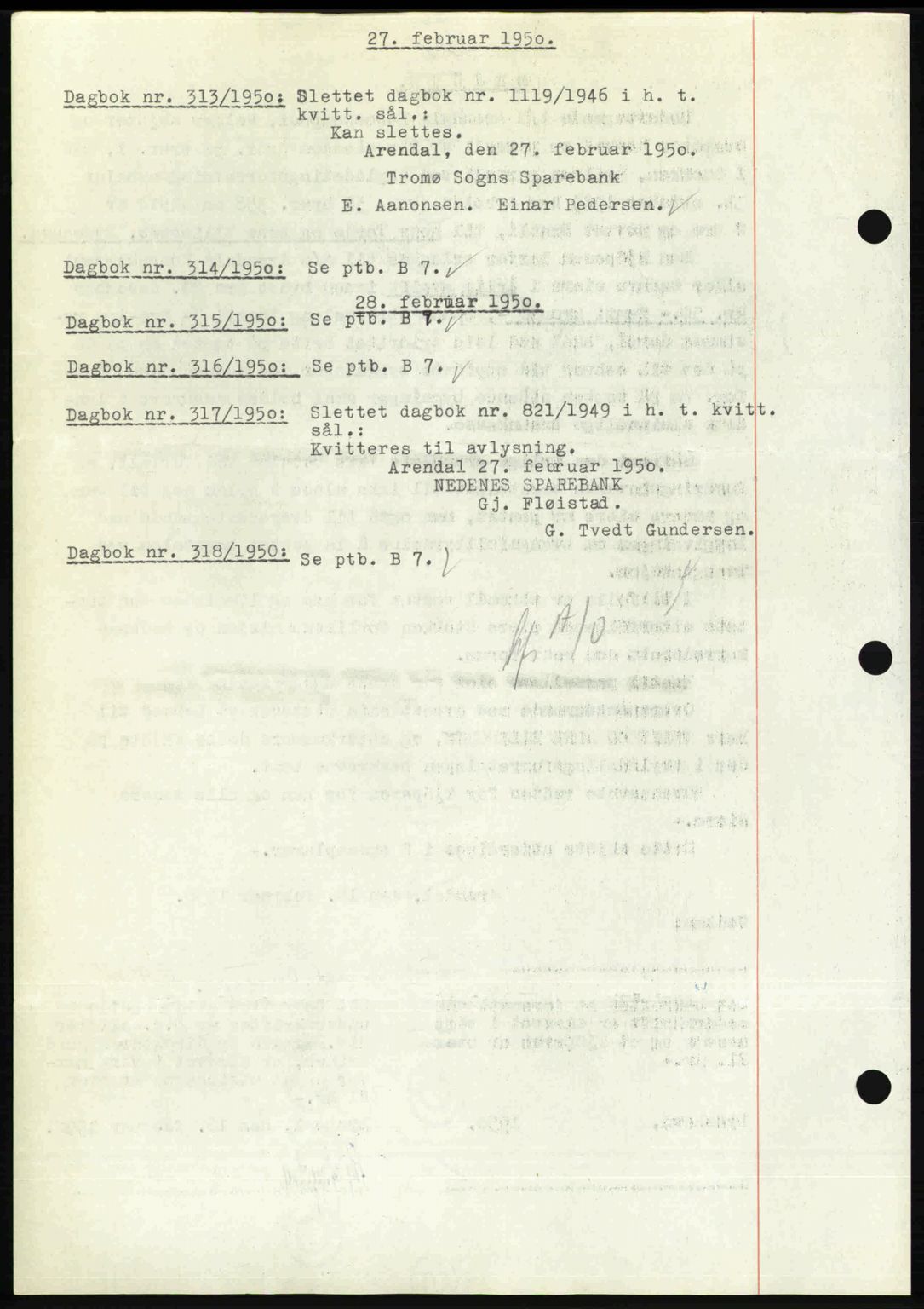 Nedenes sorenskriveri, SAK/1221-0006/G/Gb/Gba/L0062: Mortgage book no. A14, 1949-1950, Diary no: : 313/1950